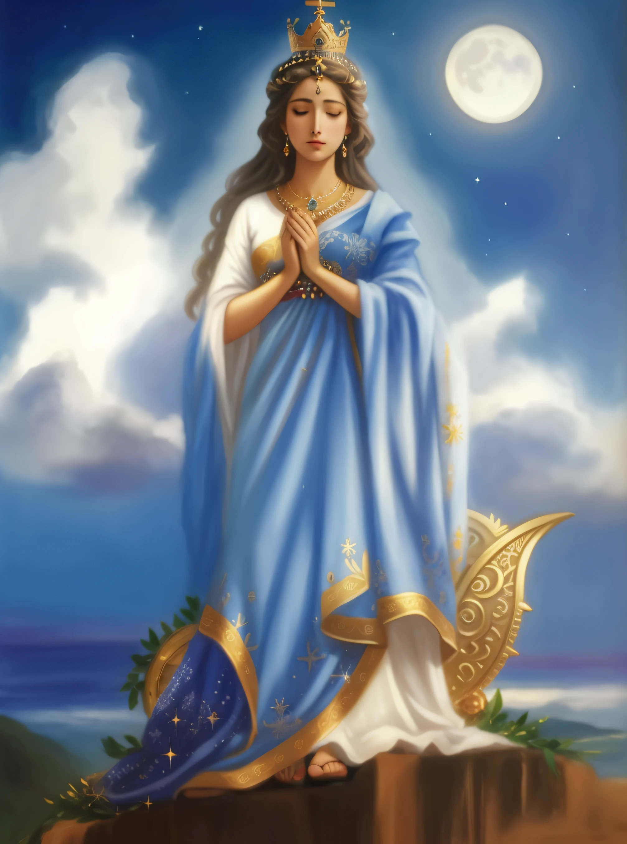 Painting of a woman in a blue dress with a crown on her head, Deusa da Lua, Deusa Celestial, Godess, Deusa do amor e da paz, queen of heaven, A Deusa da Fertilidade, Virgem Maria, Deusa da Lua, arte da deusa, Mitologia da Deusa da Terra, deusa divina, deusa feminina, deusa das nuvens, Goddess of the Hunt and the Moon, sagrado feminino