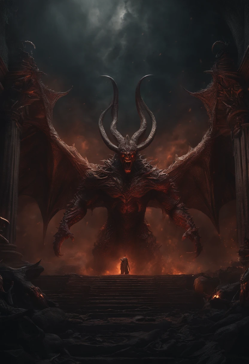 evil demon taking over the world, terror above a pile of corpses, fantasy, intricate, elegant, highly detailed , trending on artstation, sharp focus, dark lighting, intricate details, highly detailed, UHD, realistic, horor movie style, dynamic composition, 8k, Mysterious, Light particles, with light glowing, Mshiff, wallpaper art, masterpiece