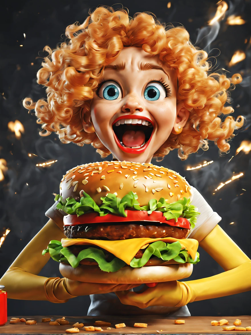 (Poster of big mouth girl eating Big Mac burger), (Open your red mouth), (No broken hands: 1.2), golden curly hair, Happy expression, Exaggerated expression,
deep dark background, High-quality photos, Delicate skin,, Studio photos, (Lots of smoke: 1.2),,close up photograph,Clear facial features,concept art of character,Exaggeration, ,Cartoon,kawaii,,Photorealism,rendering by octane,corona rendered,Quixel Megascans Render,High detail,hyper qualit,high resolution,hyper photorealism,trending on artstationh,8K16K,Close-up(CU),closeup cleavage, --Original style