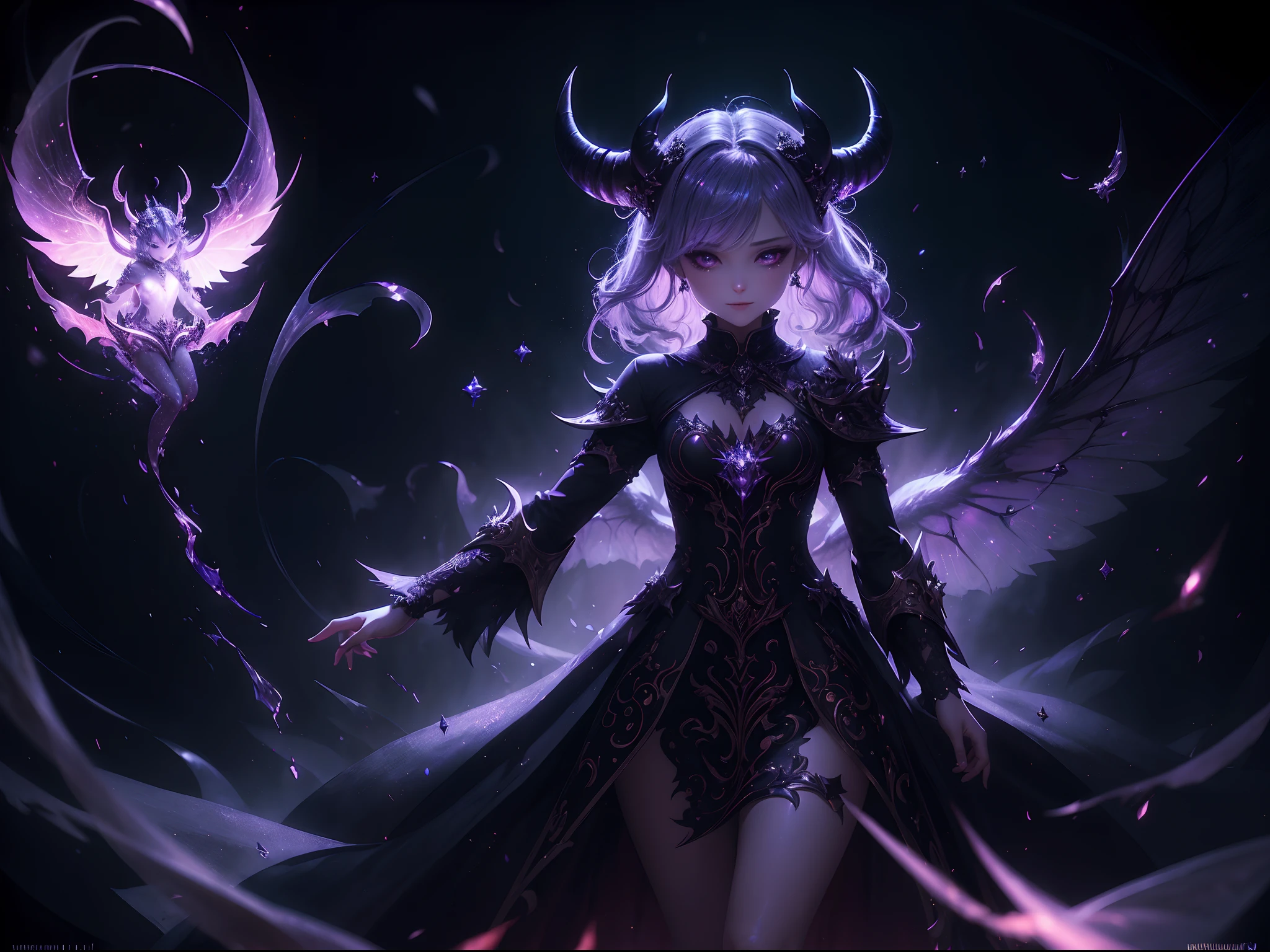 (Absurdres:1.2), exquisitely detailed illustration of a devil chibi, ethereal, dark glimmer, Shimmer, approaching perfection, ultra-high quality, bokeh, shadows, dynamic angle, Luminous Studio graphics engine, volumetric lighting, 8k resolution,