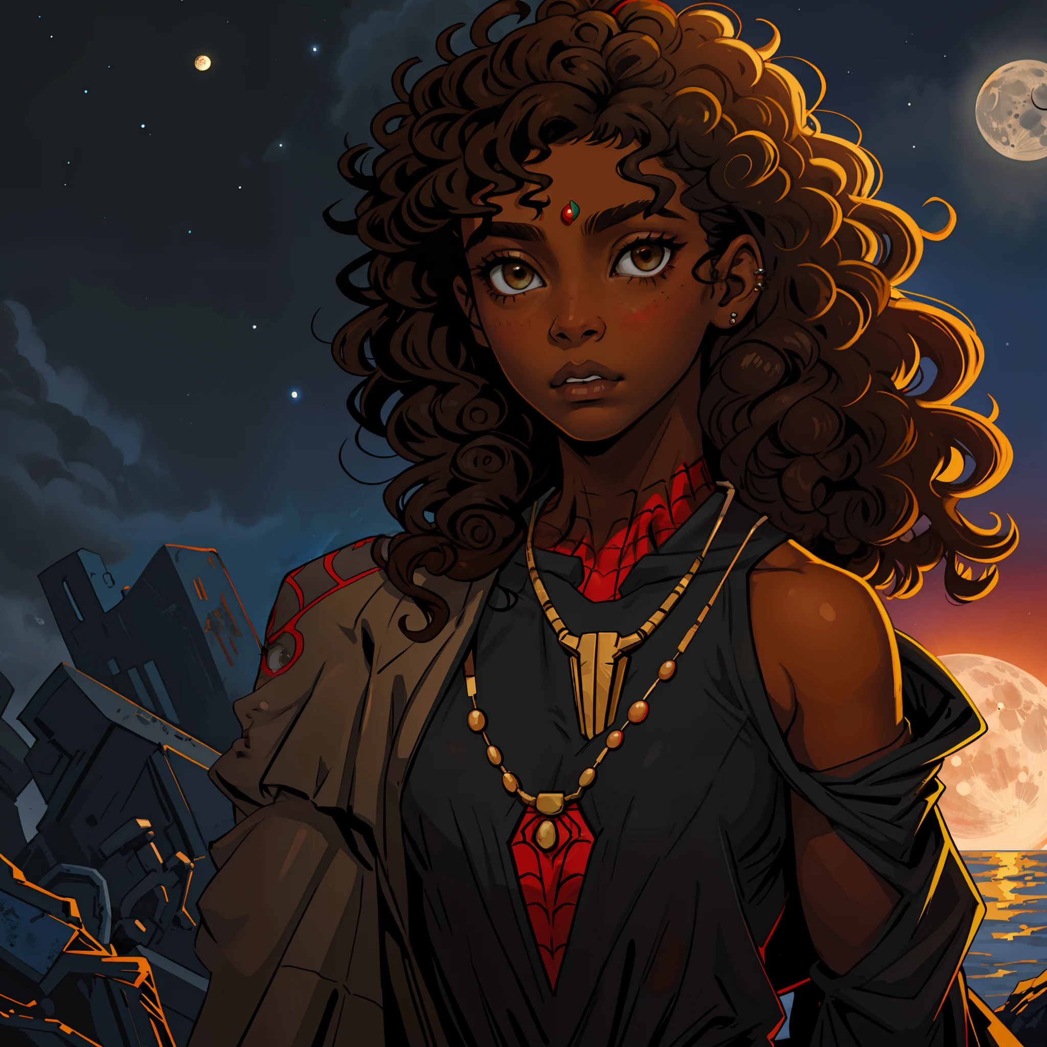 marvel comic panel, spiderman, african american, brown skin, female, teen, sharp eyes, dark hazel eyes, lidded eyes, curly hair that goes down to her shoulders, curly hair goes eyes some, dark brown hair, septum piercing, spider suit, black and grey spider suit
looking at moon necklace longingly