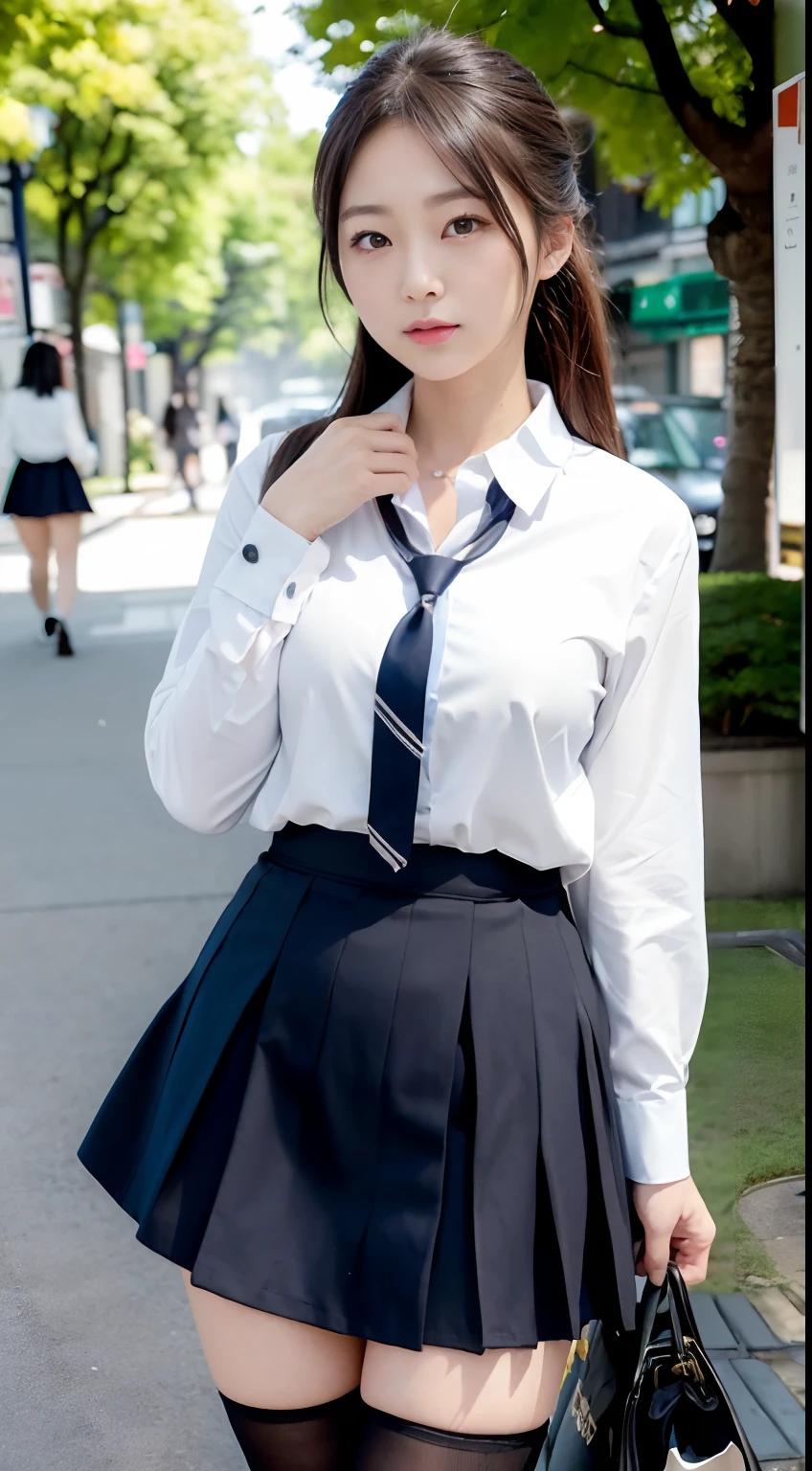 (8K, Raw photography, top-quality, ​masterpiece:1.2),  One Woman、Japan at the age of 18,fullllbody.{scinematic angle、Wide Angle}（Realistic Skins 1.4）、（（（female high-school student、School Uniforms、）））、{{‎Classroom}}（（School Uniforms、Cutter shirt、pleatedskirt、Slippers、））、50mm Lens、30mm film、wide angles、（long、poneyTail）、（A dark-haired、The forehead is hidden by bangs、）、Black eyes、shinny skin.Beautiful delicate face、Beautiful delicate eyes、｛Slender figure｝、One piercing in each ear、((Smile)),((Small breasts)), ((Navy blue tie)),((Standing)) ,looking in camera,