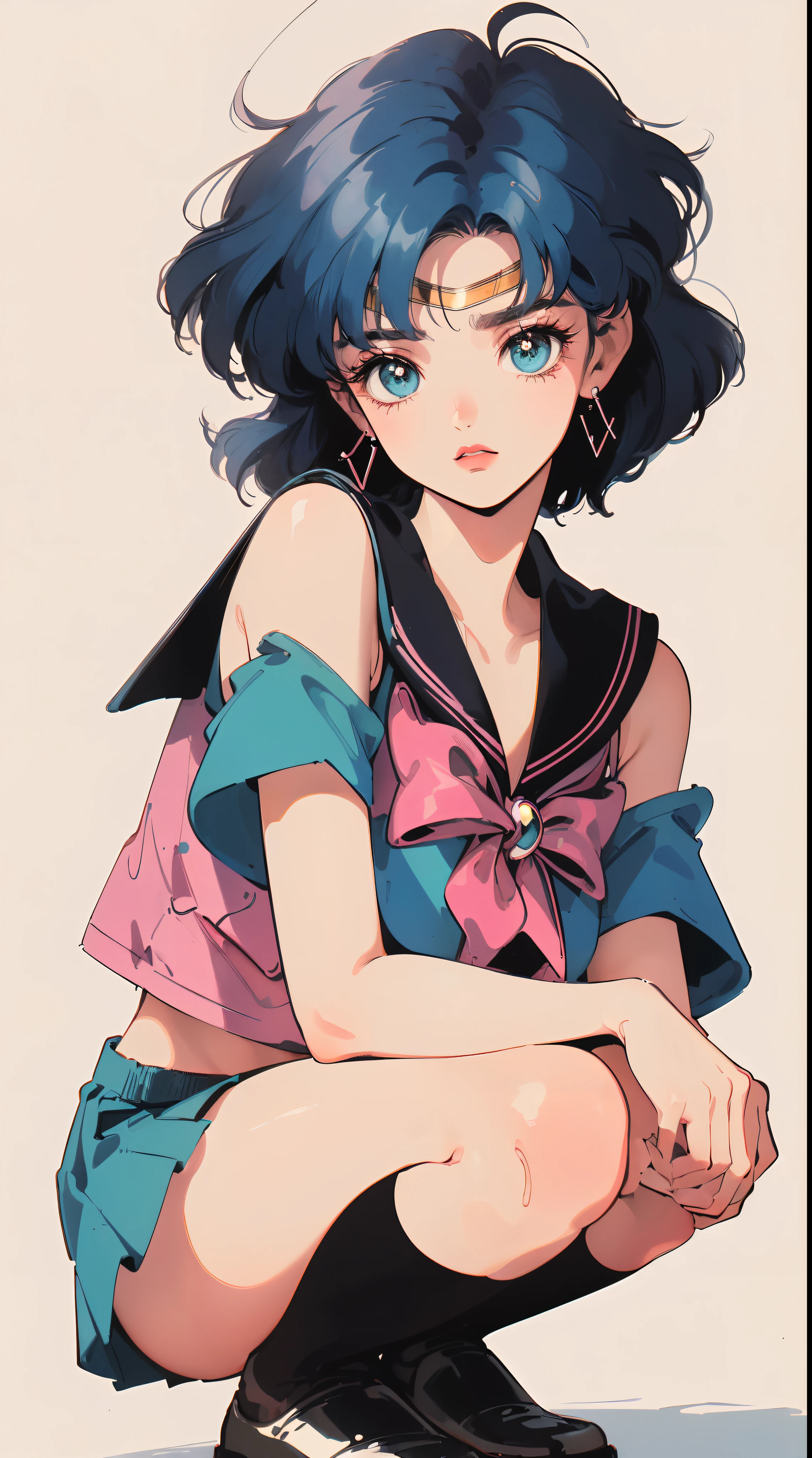 ((((blue haired girl with blue eyes, sailor mercury!!!!!!!!, retro anime girl , sailor moon aesthetic, anime vintage colors,Vaporwave style,90's anime style,have the style of folk portraits,retro style posters,chicano inspired retro fashion,renaissance, retro style inspiration retro,light reflected,snowy,ice cubes, fresh and clean appearance,))))(masterpiece:1.2, best quality,top quality,epic quality,UHD), (detalhes intrincados),((head tilts,hands in pockets,squatting,)) 1lady, solo,minimal makeup, tecidos naturais,adolescent,under-aged,young face, cara travessa,((blur background,)) ((((In the background coast with shadow,))))Mint and cherry hair,{short hair|Clearly visible hair|natural curved|huge ahoge},claros, franja, franja na testa,incredibly_absurdres pupils,saia plissada, (((sagging breasts))), face madura, detailed face, ((ultra-detailed, lovely)), (geometric:1.2),)), ((bare shoulders,frills,short sleeves,dark and pink shirt,thigh ribbon,stockings,))ray tracing,god lighting,god ray)),((extremely_Detailed_Eyes_and_face)),(Beautiful and aesthetic: 1.2),Brilliant,unbelievable Ridiculous quality,)),((extremely_Detailed_Eyes_and_face)),(Beautiful and aesthetic: 1.2),Brilliant,Ultra-precise depiction, Ultra-detailed depiction,Bokeh (85mm Shot),