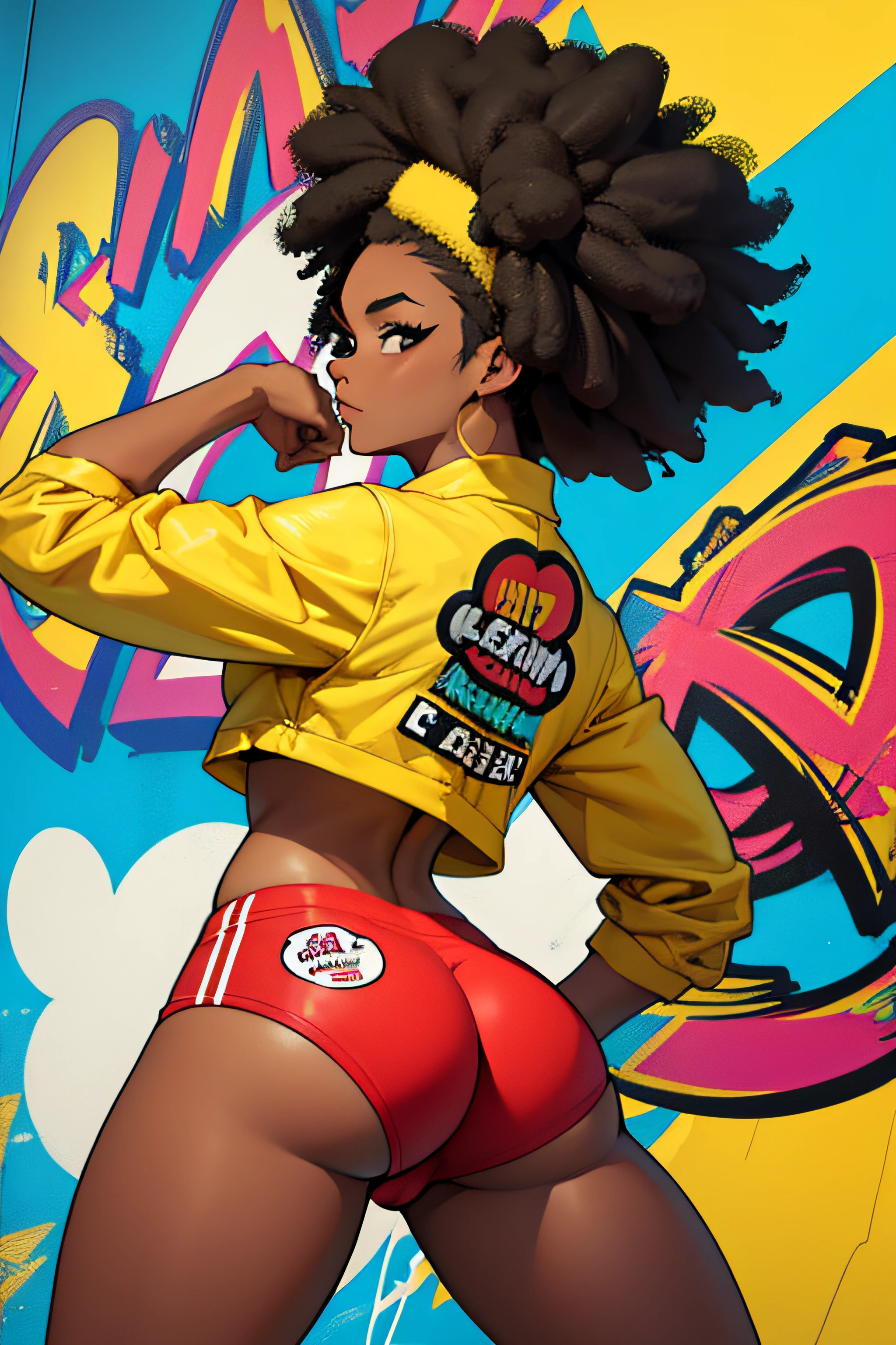 grafiti de chica afro de cabello negro, bailando, haciendo twerk en estilo comic