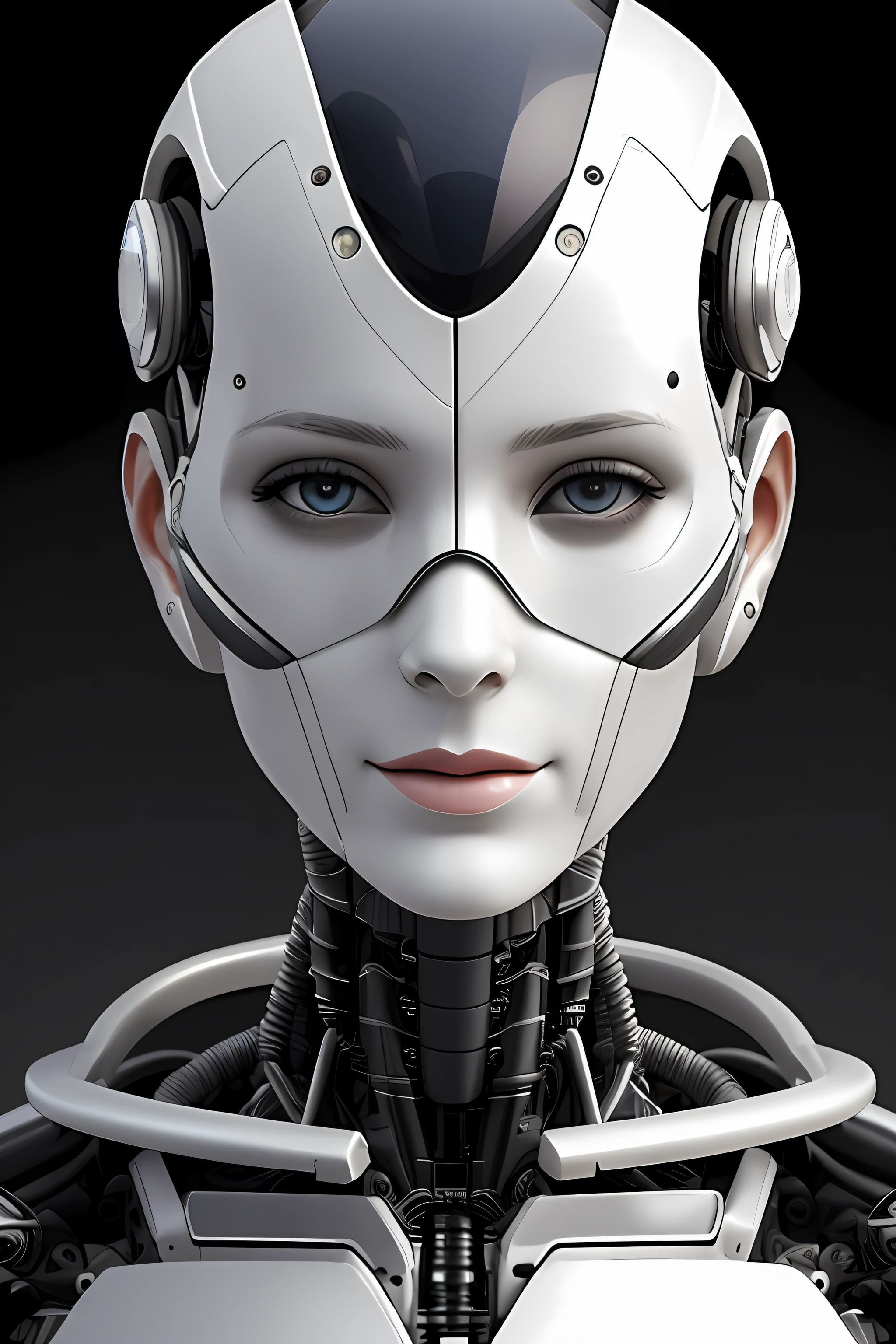 Cyborg face |Mechanical forehead,Mechanical cheeks,Female positive |Flesh-colored skin |Electronic systems: overhead humanoid robots |The details of the brain are right in front of you |Detailed connecting lines for the face |Biopunk |scybernetic |cyber punk perssonage |Canon M50|100mm|sharp fokus |ultra-realistic realism |The is very detailed|intricately details |Front view |head straight-looking at viewer |1 head per body,face to the viewer,Complex mechanical masks