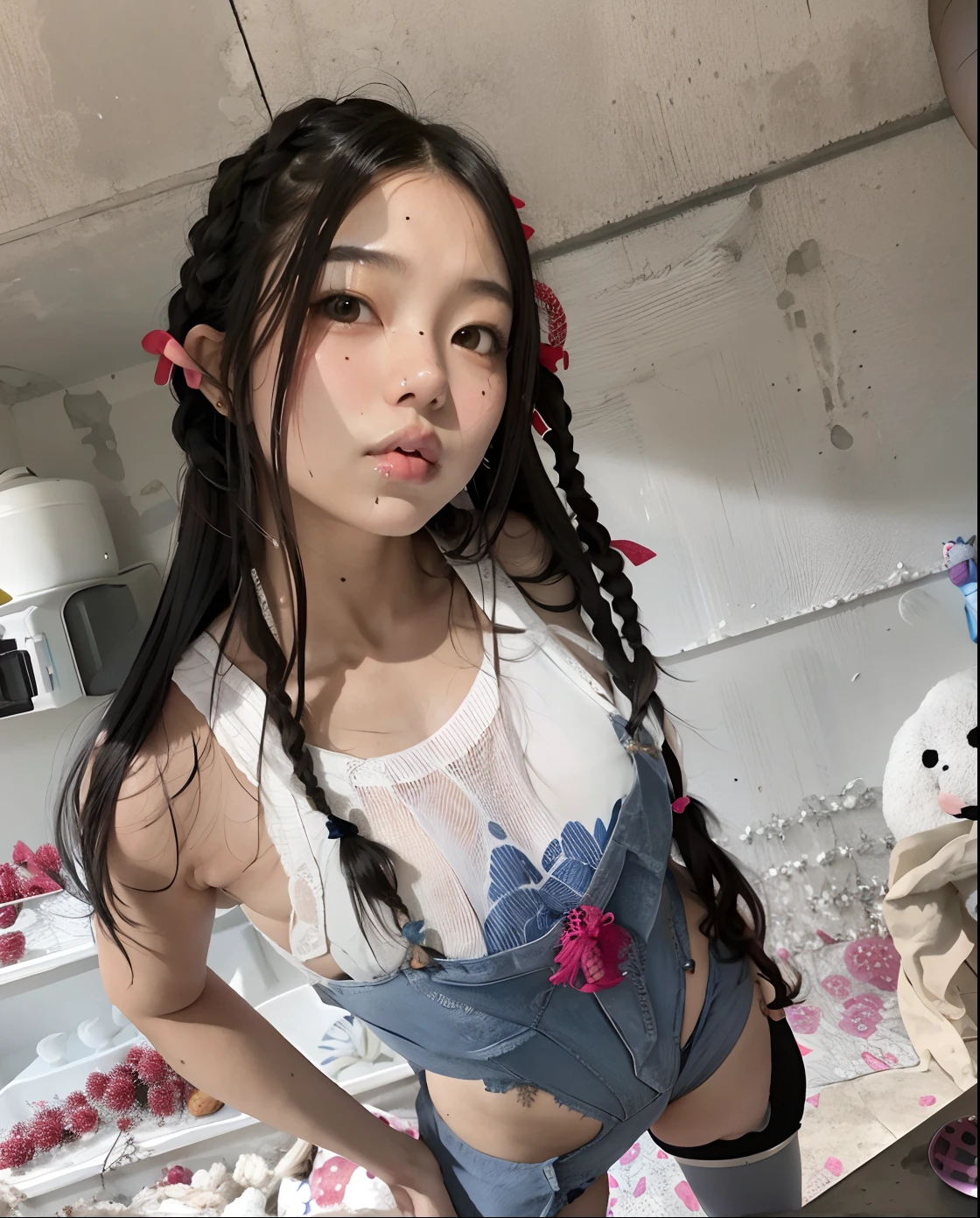 Arafed asian girl with long hair wearing a white shirt and blue jumpsuit, com rabo-de-porco preto, Hairstyle Braids, jennie blackpink, japanese model, young asian girl, Chiho, young sensual gravure idol, Asian girl, young pretty gravure idol, pigtail, Two Hairstyles Braids, young gravure idol, rabo de porco longo, plaits