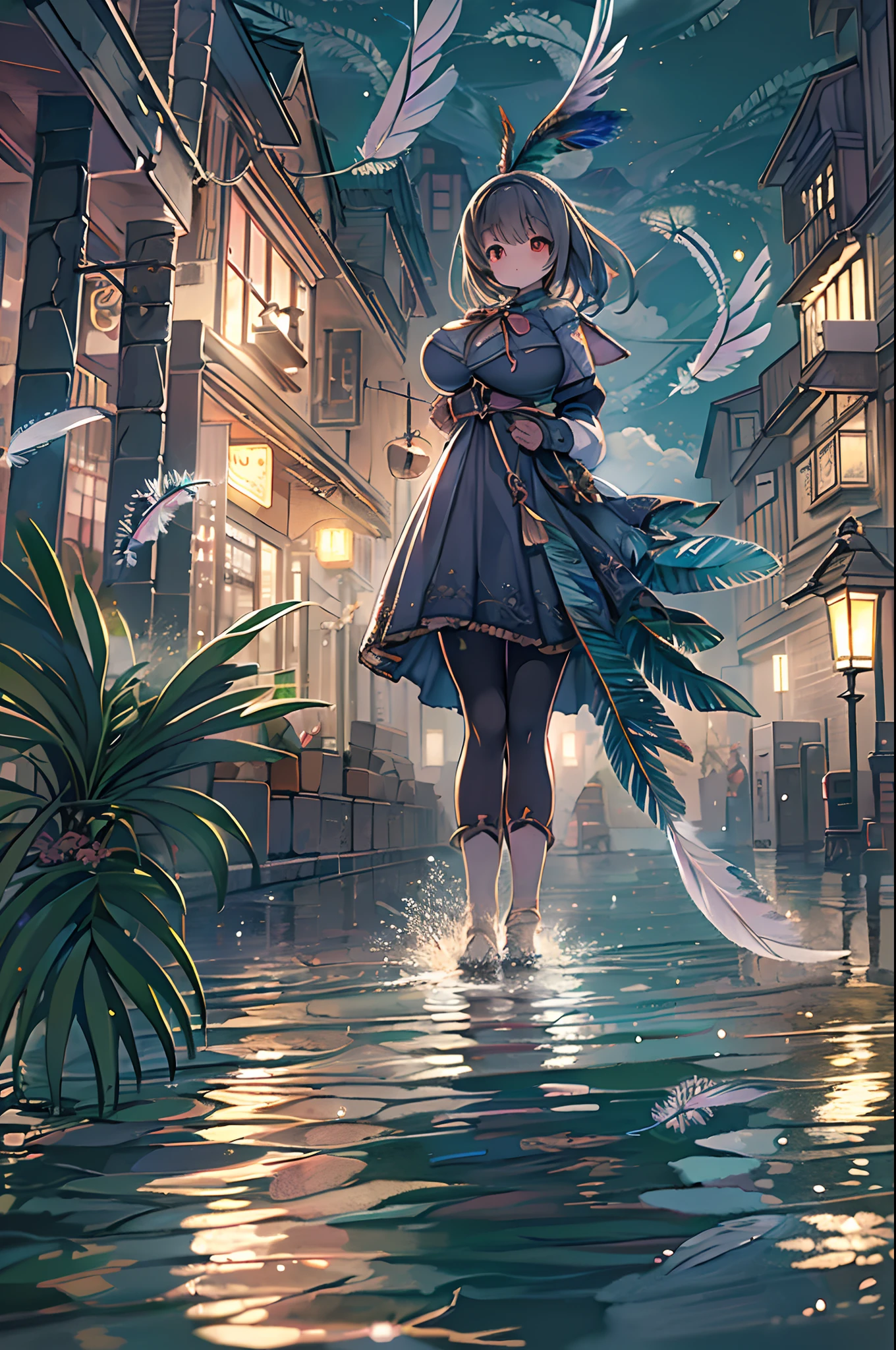 absurderes, hight resolution,, (1girl in, Solo), Big eyes,, townscape,, (Water Effects, Light Effects, fluttering feathers:1.2),bbw