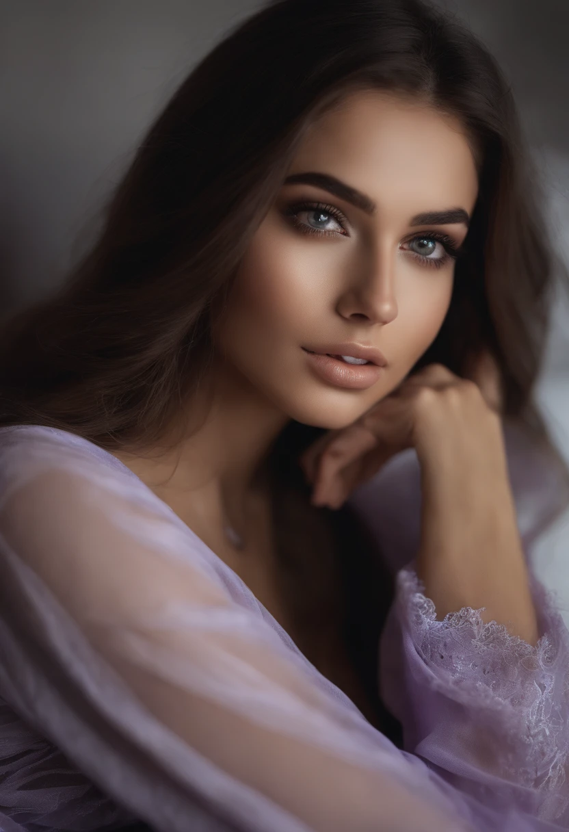 Arafed woman completely , fille sexy aux yeux bruns, ultra realist, Meticulously detailed, Portrait Sophie Mudd, cheveux ???? et grands yeux, selfie of a young woman, Dubai Eyes, Violet Myers, sans maquillage, maquillage naturel, looking straight at camera, Visage avec Artgram, Maquillage subtil, Great photo of the whole body kneeling on the bed, dans la chambre, Medium to large bust