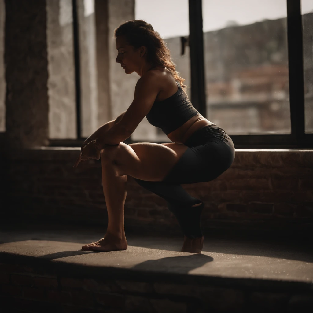 Realistic image of a womanin leggings from behind climbing onto a ledge with her knee raised to waist height