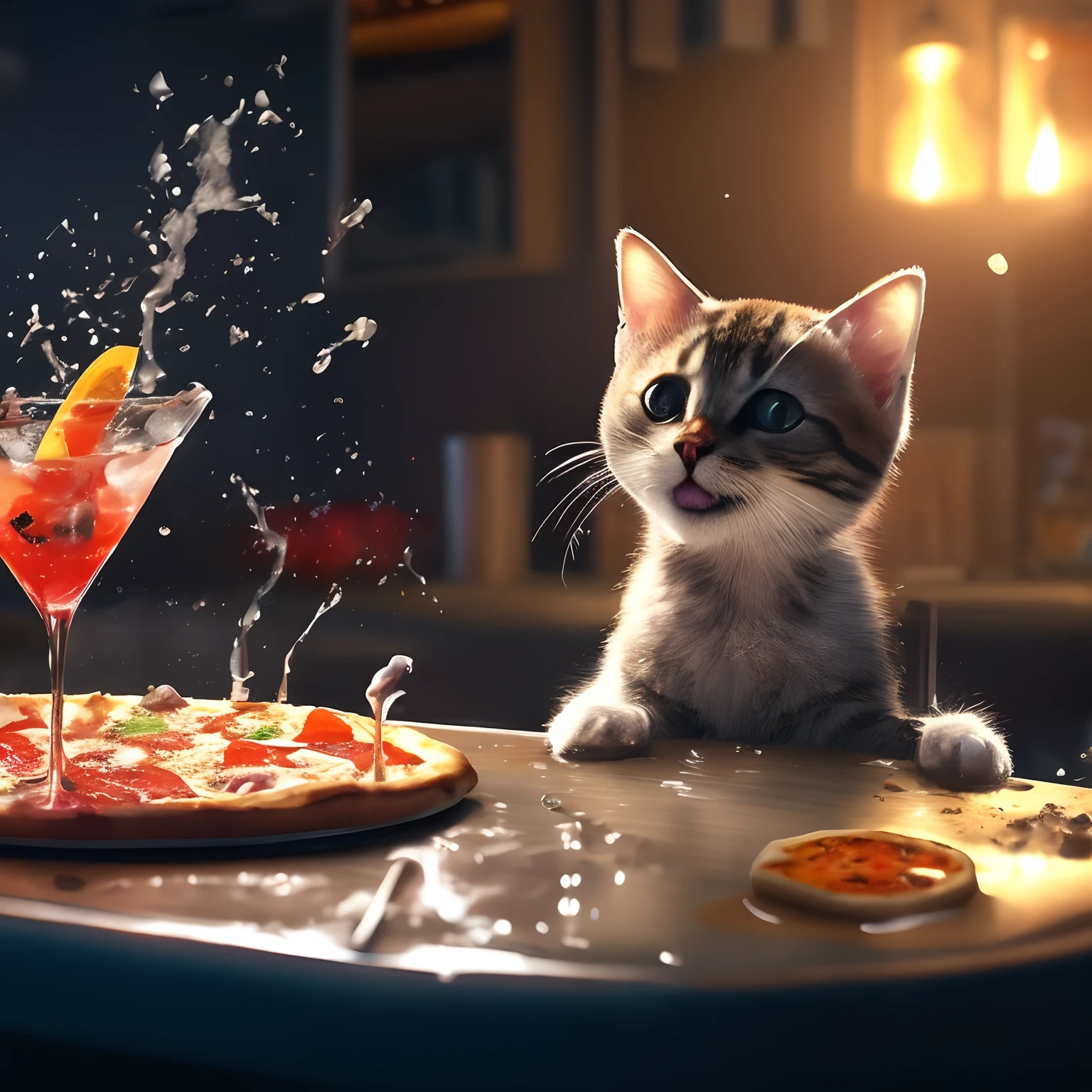 A cat sits at a table with pizza and a drink, Cat eating pizza, adorable digital painting, highly detailed 4k digital art, cute detailed digital art, ultra realistic 3d illustration, ultrarealistic concept art, Food Commerce 4K, Cute digital art, realistic 4k digital art, realistic 4k digital art, cute 3 d render, ultrarealistic illustration