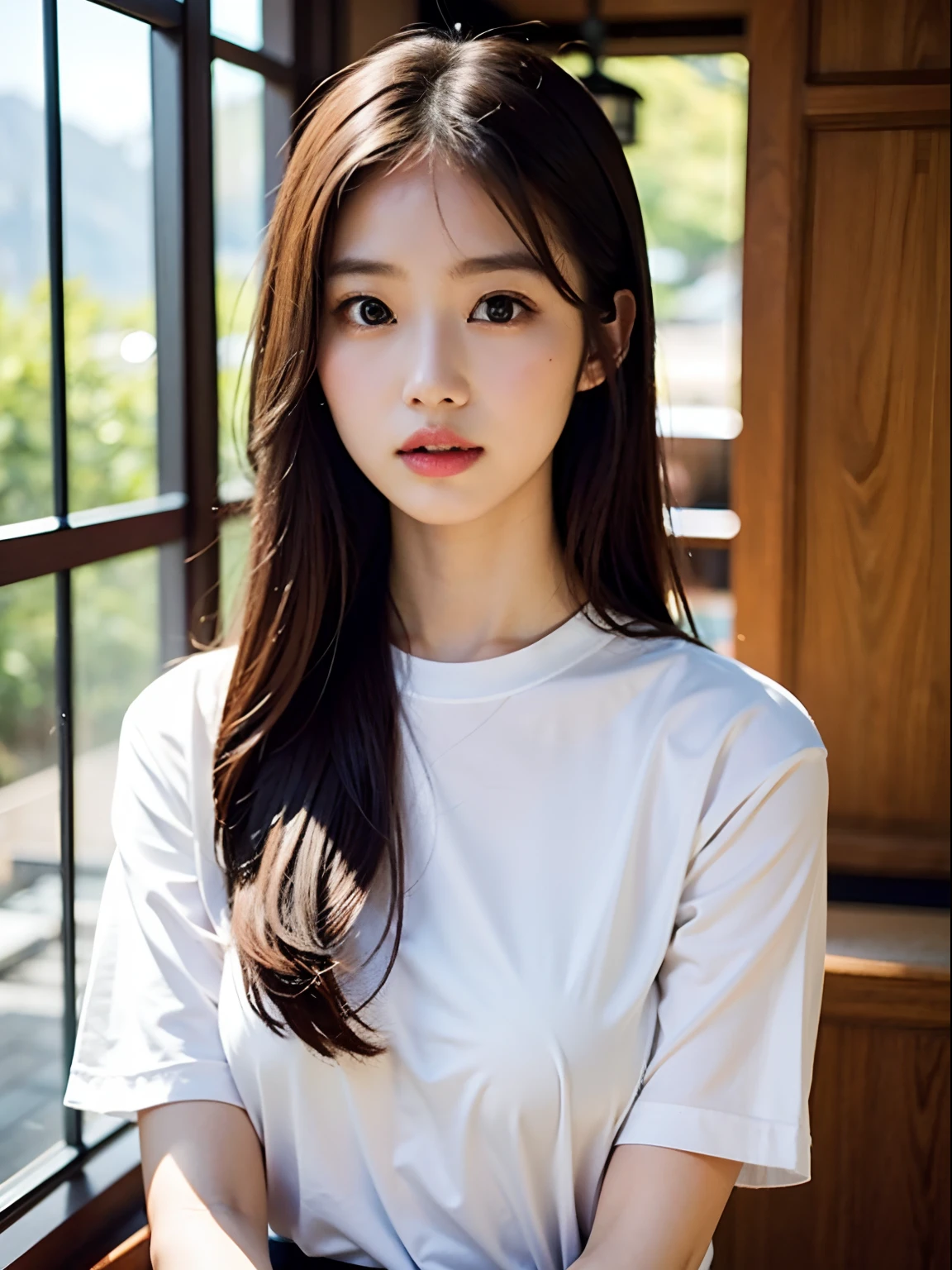 Alafed Asian Woman,Long hair and white shirt posing for photo, a picture by Torii Kiyomoto, Tumbler, shin hanga, Young beautiful Korean face, the face of a beautiful Japanese girl, wan adorable korean face, beautiful Korean women, Beautiful young Korean woman, Cute delicate face, Portrait of female Korean idol, Gorgeous young Korean woman, Beautiful delicate face