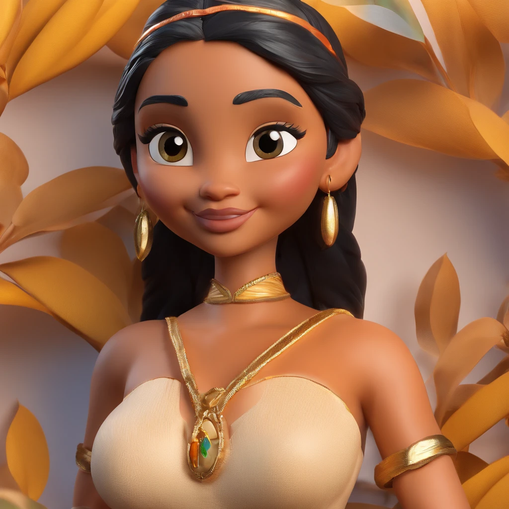 a Queen of the Sun,
dark-skinned female goddess of love,
  with a golden yellow dress,
long black hair,
trembling, long eyelashes, solid circular eyes,
light sensual smile,
red full lips,
voluminous breasts,
sitting on a riverbank,
looking in a mirror,
picking lilies,
covered in lilies,
afrofuturism
, epic 3d, oshun, goddess of flowers, a stunning portrait of a goddess, surrealism, drop shadow, anaglyph, stereogram, tachi-e, pov, atmospheric perspective, 8k, super detail, accurate, best quality