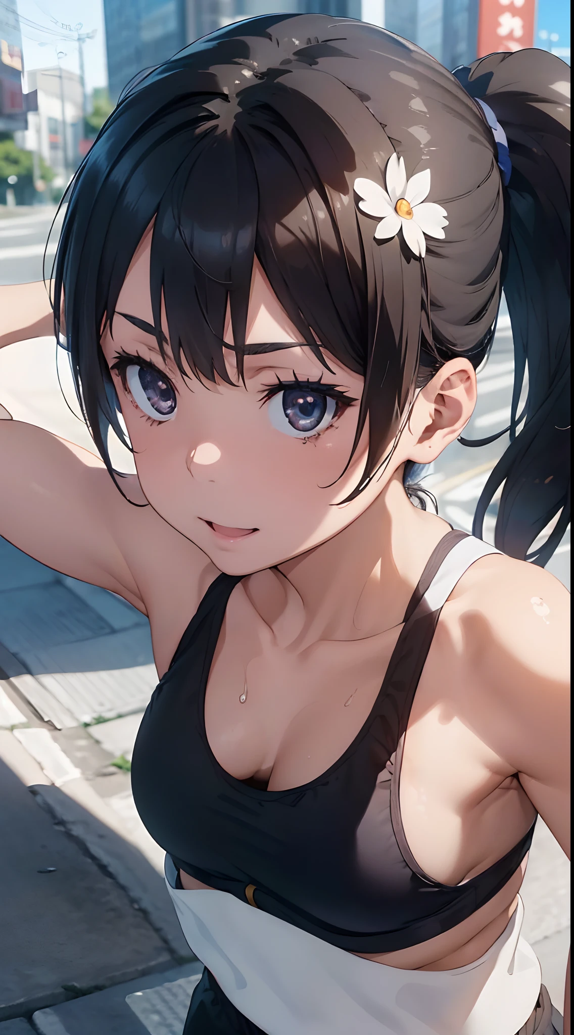 One lady,ar old,anes,(((Sportsbra))),Upper body portrait,A dark-haired,Beautiful ponytail,Wet with sweat,Natural smile,Clothes are wet,(((Nariko Saten)))High quality, detail, Depth and finesse。stares at the camera。Use of fisheye lenses、Beast hairstyle ban、Maintain finger shape、impact-resistanthigh-quality, detail, Depth and 3D effects。Worthy of 16k wallpapers。The texture of the material changes.、Realistic expression.。Official art。Natural light,((Realism: 1.2)), dynamic far view shot,Cinematic lighting, Perfect composition, by sumic.Has a small, ultra-detailliert, Official art, masutepiece, (Best Quality:1.3), glint, Highly detailed CG Unity 16K wallpaper, Detailed background, masutepiece, Best Quality, (masutepiece), (Best Quality:1.4), (超A high resolution:1.2), (hyper realisitic:1.4), (Photorealistic:1.2), Best Quality, High quality, hight resolution, Detail Enhancement,