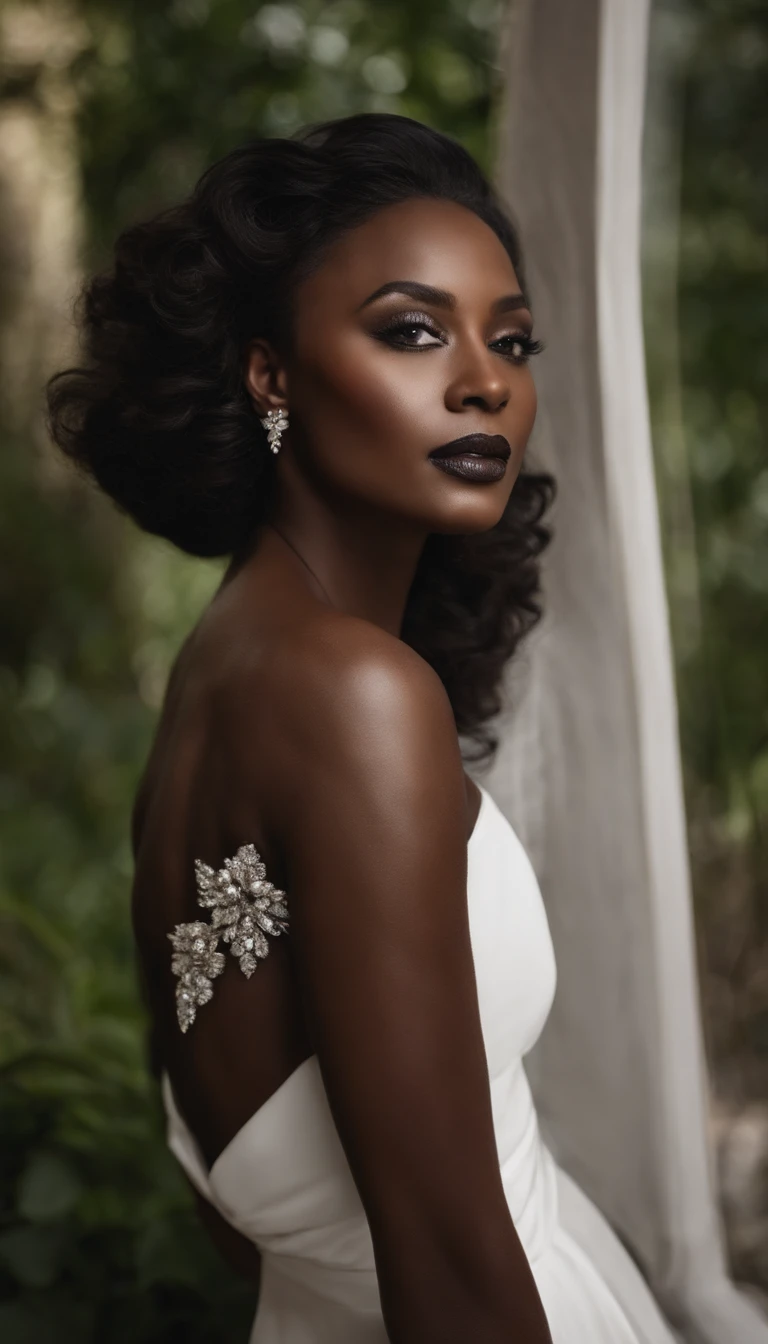 1girll,(((Dark black skin 1.2))),ballet flats,Mature middle-aged woman,Conservative Women,Professional Dress,Smoky makeup,freckle,Dark eyeshadow,Full-body art,Black skin,a dark tanned skin,Melanin pigmentation of the skin,very dark skin,Exposed outdoors