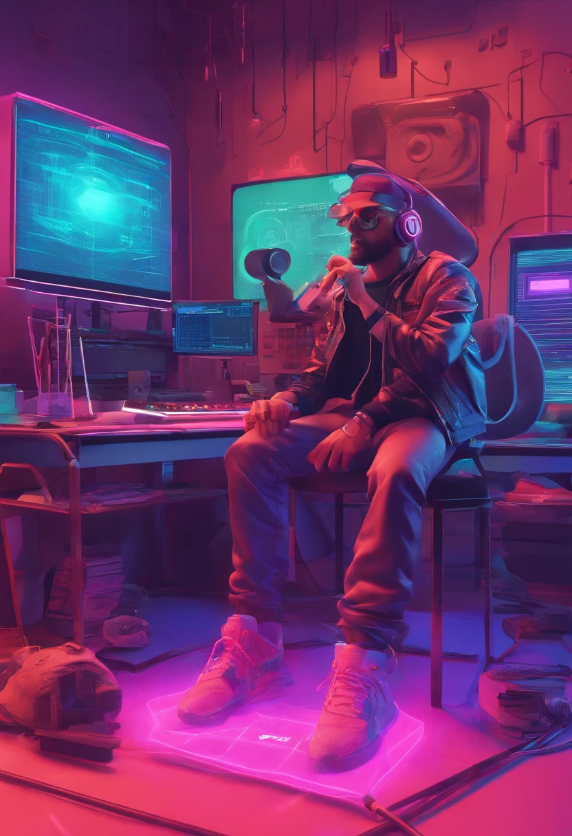 there is a man sitting on a table with a laptop, microfone e fones de ouvido, arte cyberpunk inspirada em Hovsep Pushman, trend in cg society, arte digital, Chillhop, arte de fundo, Elogio Artstyle, cyberpunk vibes, hip hop vaporwave, estilo de arte synthwave ]!!, Retrato Lofi, [ estilo de arte synthwave ]!!