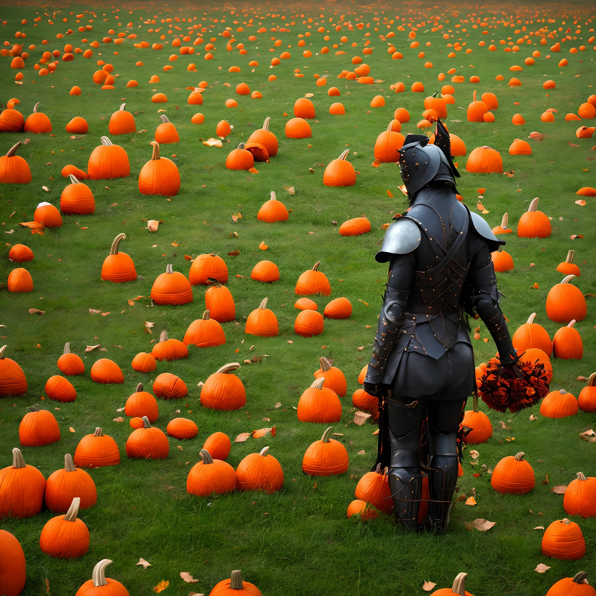 headless woman mediavel horseman warrior in a field of pumpkins