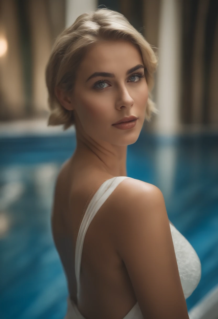 Foto da , short hair, blonde hair, usando uniforme de banco de cor azul, Termas, fonte termal natural no fundo Qualidade superior, Realistic, fotorrealista, (detalhes complexos: 1.2), (detalhes delicados), (cinematic lights, Luz de fundo da mais alta qualidade), linhas claras, foco nítido, Rosto realista, rosto detalhado Unity 8K papel de parede, ultra high-resolution, (fotorrealista: 1.4) watch, visualizador, Seios medios, clivagem,