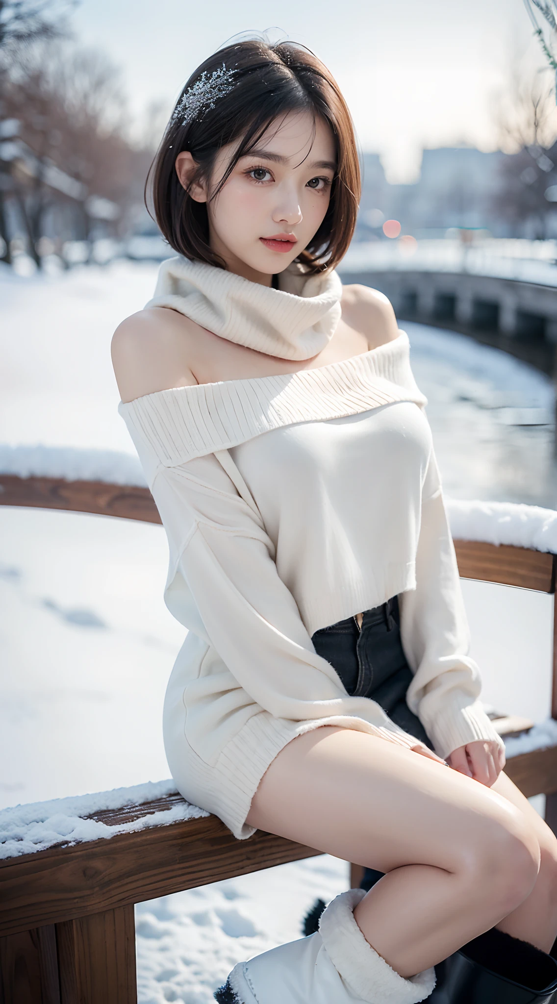 (closeup shot:1.4)、(Raw-Photo:1.2)、(Photorealcitic:1.4)、(masterpiece:1.3)、(Top Quality:1.4)、dream-like、(A detailed eye)、(Detailed facial features)、(detailed clothing features)、clear skin、(shinny skin)、(Slender and Beautiful Girl)、(Beautiful bridge lines)、one girls、(FULL BODYSHOT)、独奏、cute little、Happy smiling face、(tits huge)、beauty breast、bangss、Short bob、A dark-haired、black eyes、Long scarf、White wool sweater、off-the-shoulders、mini-skirt、Black thick pantyhose、Snow boots、I can see the panties、indecency、Erotic、