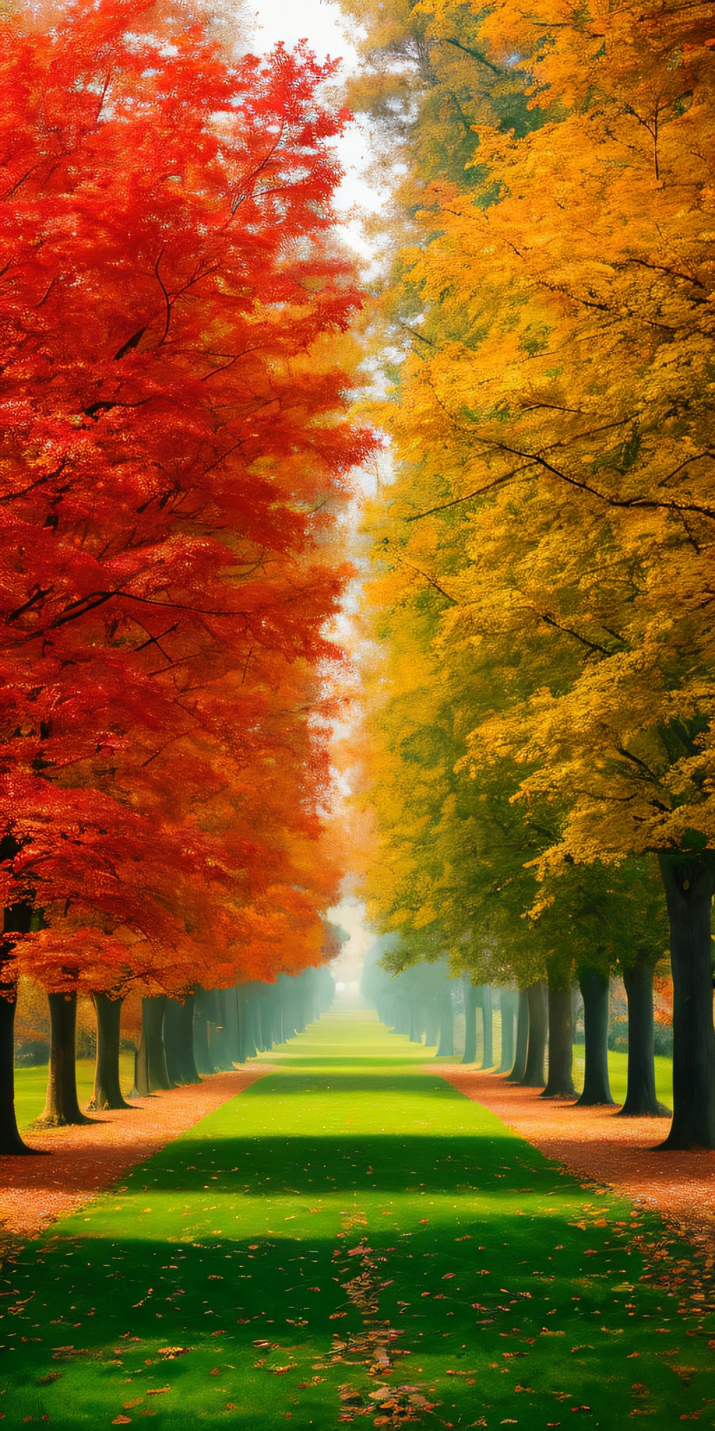 Generate an image of a landscape with trees full of colorful leaves. The camera angle should be from the front, highlighting the trees in the foreground. Focus on the leaves in shades of red, orange and yellow. Center the image to emphasize the beauty of the featured trees. The desired style is a realistic style, with defined lines for the shapes of the trees and details on the leaves. The image should be in black and white, with no colors, with banchs, impressionism style, Monet Style.