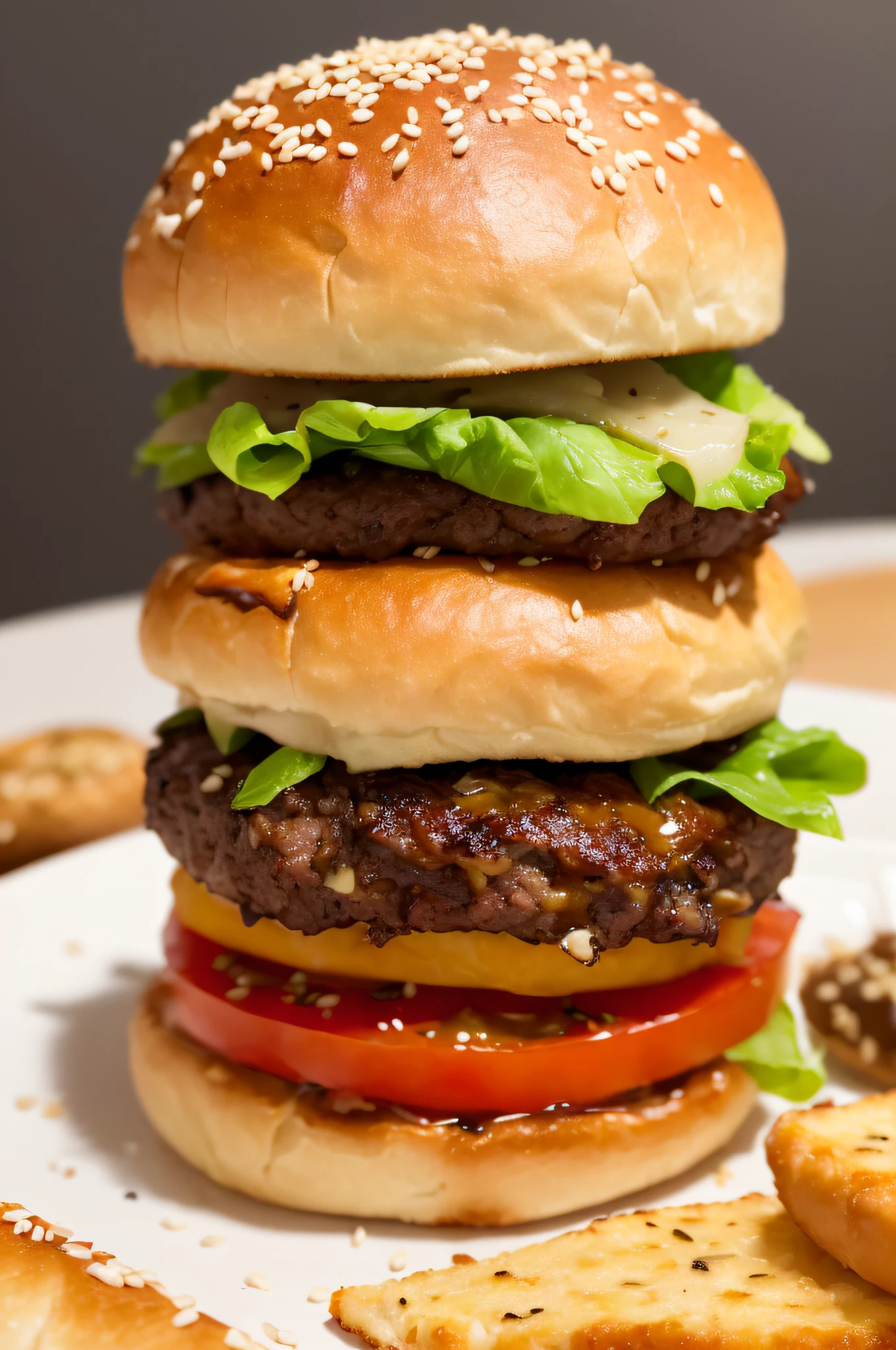 (ultra-detailed, mouthwatering, juicy:1.3), delicious burger, gourmet food, high-resolution image, realistic rendering, vibrant colors, studio lighting, detailed sesame bun, perfectly grilled patty, melted cheese, crisp lettuce, ripe tomato, tangy pickles, flavorful sauce, sesame seeds, artisanal creation, indulgent treat, savory creation, food photography, hunger-inducing, culinary delight, close-up shot, appetizing, heavenly aroma, exquisite presentation, symphony of flavors, sumptuous meal, satisfying bite, mouthwatering experience, ultimate satisfaction, gastronomic delight, gourmet burger, tantalizing combination, savory and juicy, perfectly balanced ingredients, culinary masterpiece