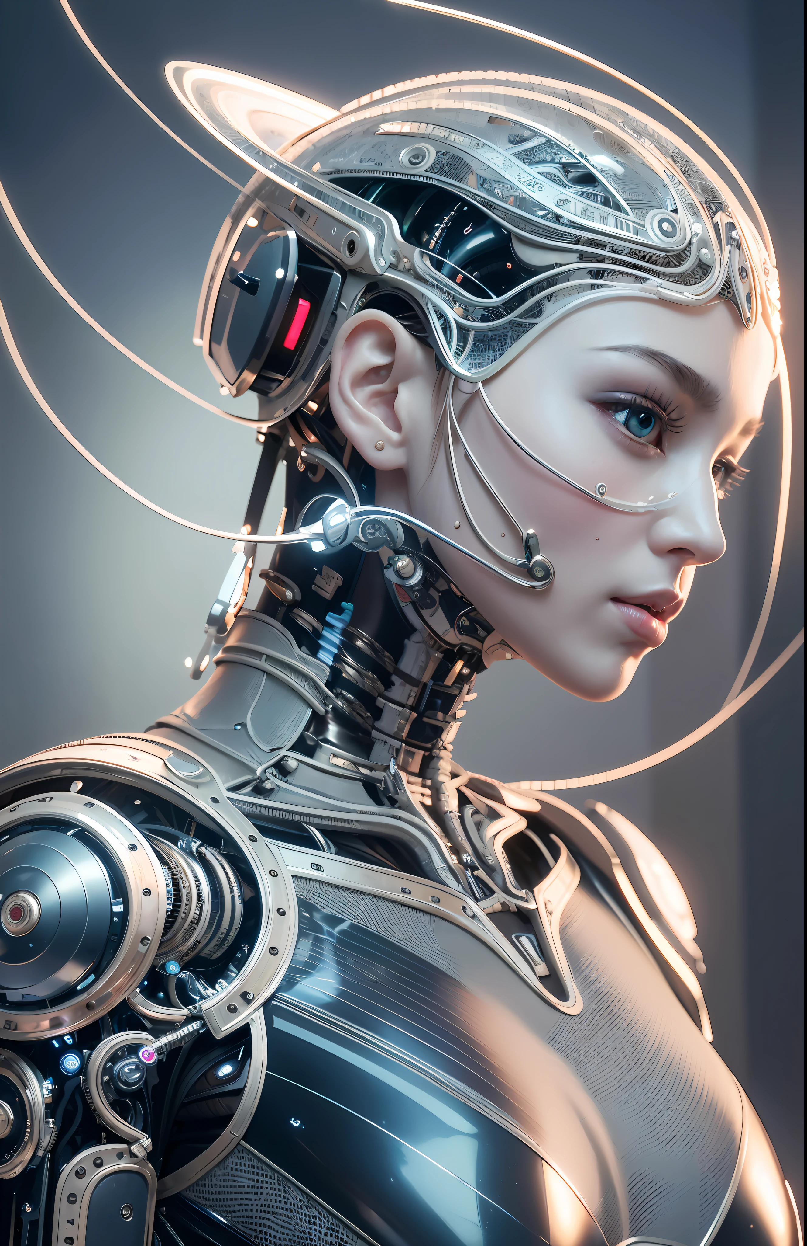 complex 3d render ultra detailed of a beautiful porcelain profile woman android face, cyborg, robotic parts, 150 mm, beautiful studio soft light, rim light, vibrant details, luxurious cyberpunk, lace, hyperrealistic, anatomical, facial muscles, cable electric wires, microchip, elegant, beautiful background, octane render, H. R. Giger style, 8k, best quality, masterpiece, illustration, an extremely delicate and beautiful, extremely detailed ,CG ,unity ,wallpaper, (realistic, photo-realistic:1.37),Amazing, finely detail, masterpiece,best quality,official art, extremely detailed CG unity 8k wallpaper, absurdres, incredibly absurdres,  robot, silver halmet, full body, sitting