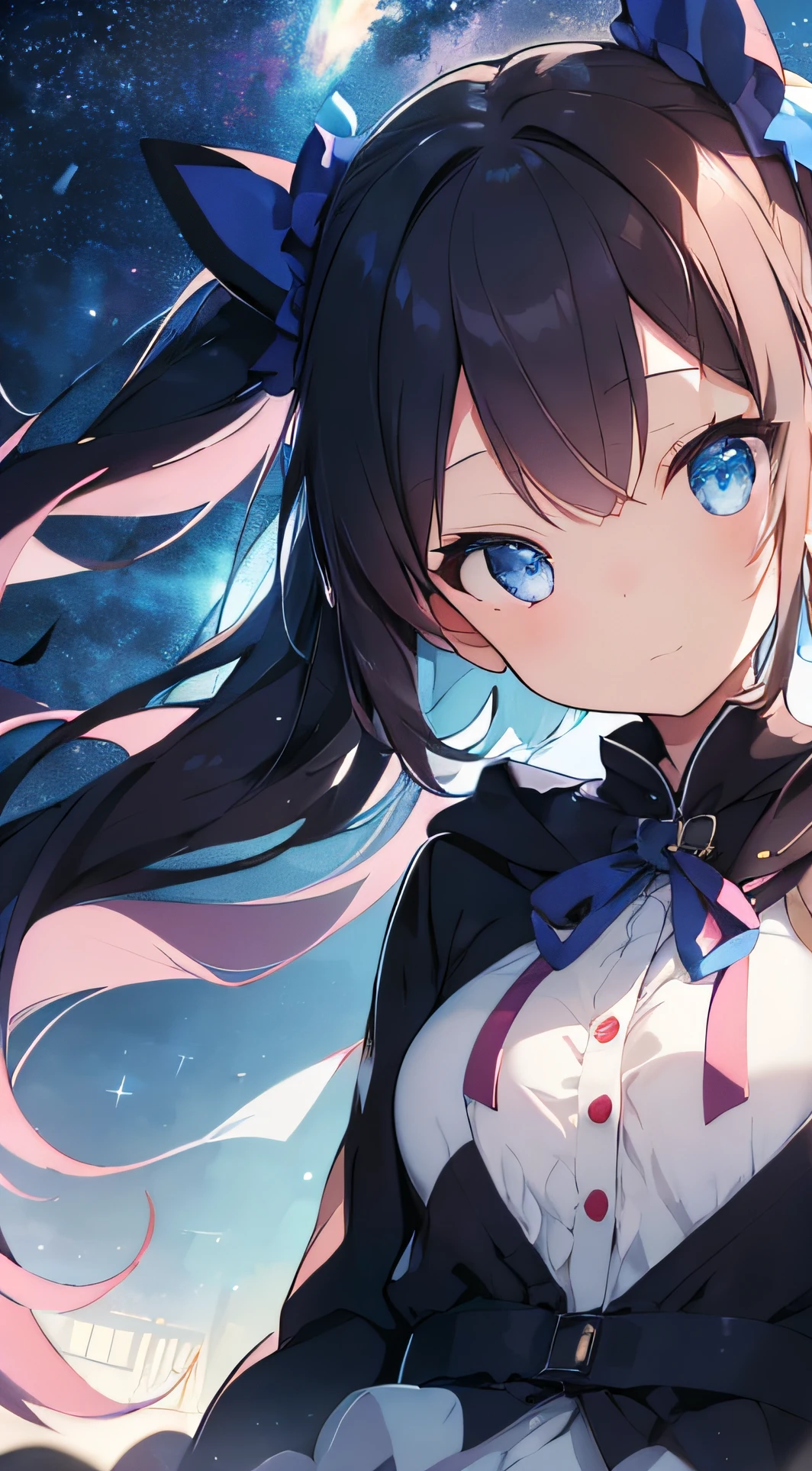 Beautiful fece, ​masterpiece, top-quality, hiqcgbody, animesque, 1girl in, small tits,  portrait shot, Look at viewers, wetted skin, intricate detailes, Little woman, Her eyes shone like dreamy stars(radiant eyes:1.3)、(beautifully detailed eyes:1.1)、[[Delicate fingers and hands:0.55]::0.85]、(detail finger)、(Dark hair, Eyes are blue, big eye, Twin-tailed, Blue Ribbon, Lolita, Young Face,childish,Blue ribbon on wrist), (Crosshairpin,selfee、Pink Cat Parkless、Hood Up), Dynamic Pose,deep in the night、starrysky、cosmic space
