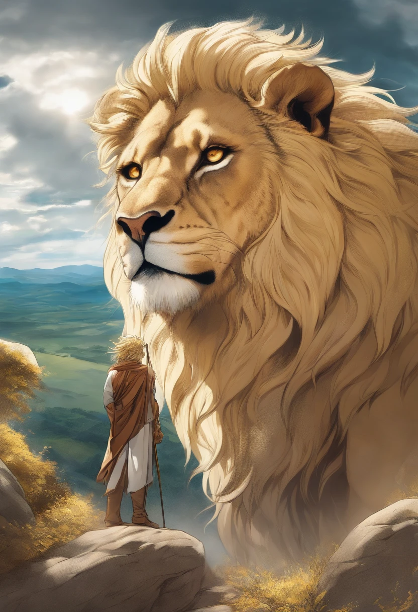 (Manga cover:), pen drawing style, HD 8K, rich plot, intricate background, rich details of a god with a lions pelt over his head.  He is facing forward. He has yellow eyes and blond hair.  Background of a valley.