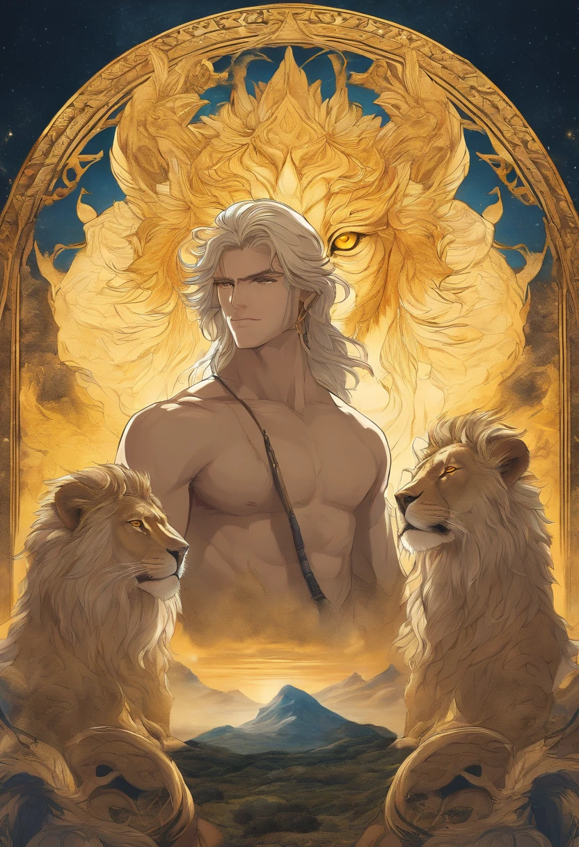 (Manga cover:), pen drawing style, HD 8K, rich plot, intricate background, rich details of a god with a lions pelt over his head.  He is facing forward. He has yellow eyes and blond hair.  Background of a valley.