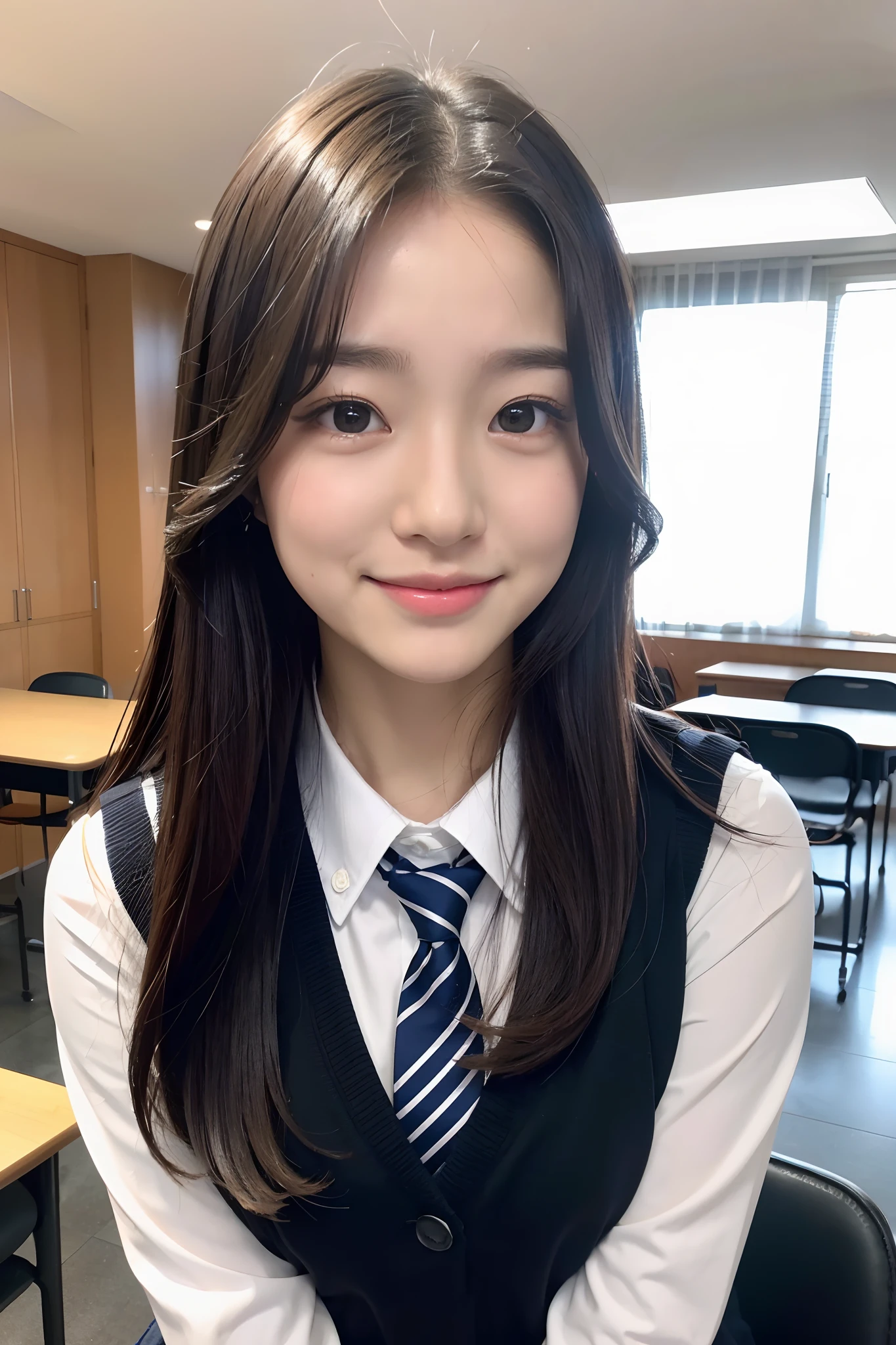 masterpiece、close up of face、front-facing view、a Japanese young pretty woman、She ran down the school hallway towards the camera with a big smile on her face.........、Gorgeous figure、He is wearing a white collared short-sleeved shirt and a plain shiny red satin bow tie。。。、She is wearing a blue tartan plaid long skirt.、Wear short white socks、large full breasts、absolutely pretty face、shiny lip、double eyelids for both eyes、 natural make up、long eyeslashes、shiny smooth light brown hair of medium length,、asymmetrical bangs、skin tanned、Alone in the classroom、Textbook and notes on the desk、Headframe、image in center、8K分辨率、high detal、detailed hairstyle、A detailed face、spectacular movie lighting、rendering octane、with a vibrant、 Ultra-realistic and perfect limbs、perfect anatomia、Fair skin、Real Human Skin、pores