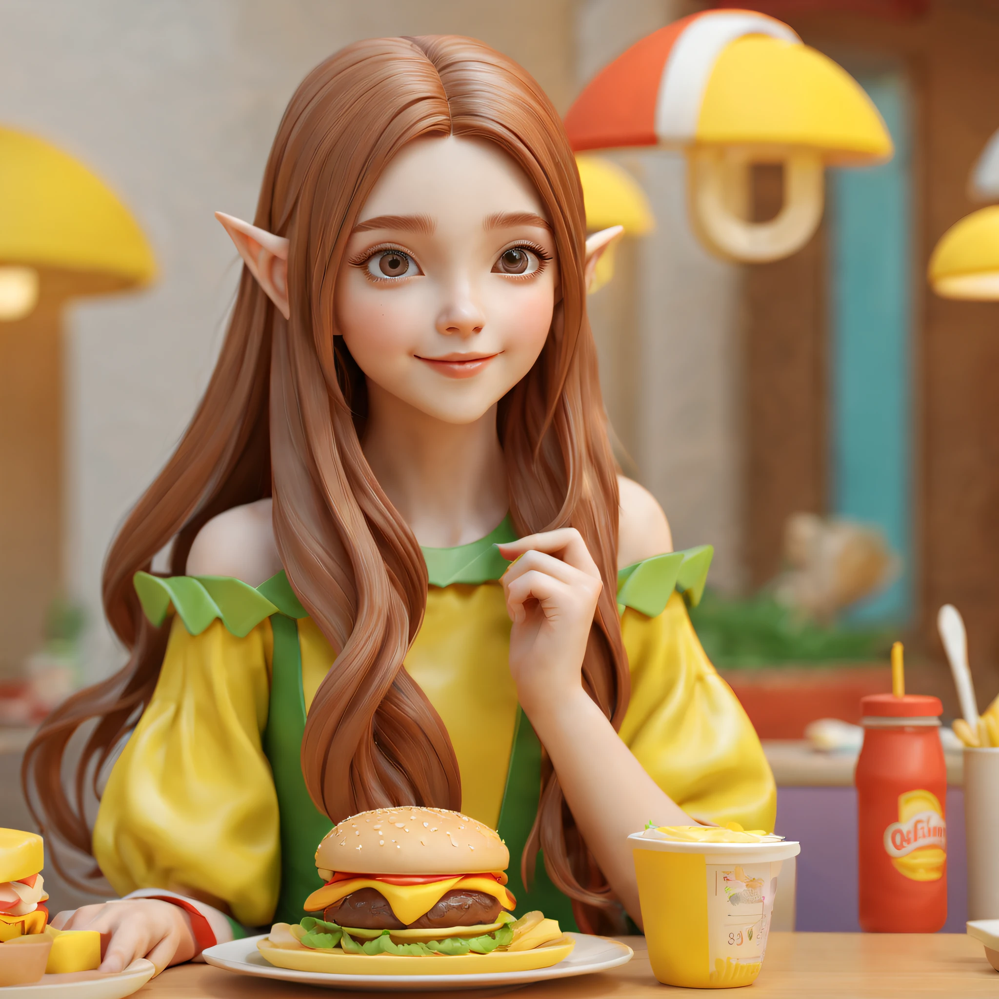 Beautiful 3D long hair for cute young girl,Vivid colors,ears of elf,joyful expressions,Prepare to eat a cheeseburger,(Hamburger in the center of the picture),Delicious food,Close-up shot,PVC model, view the viewer, soft smooth lighting, soft and muted colors, 3d icon clay render, 120mm lens, 3d blender render, trending on polycount, modular constructivism