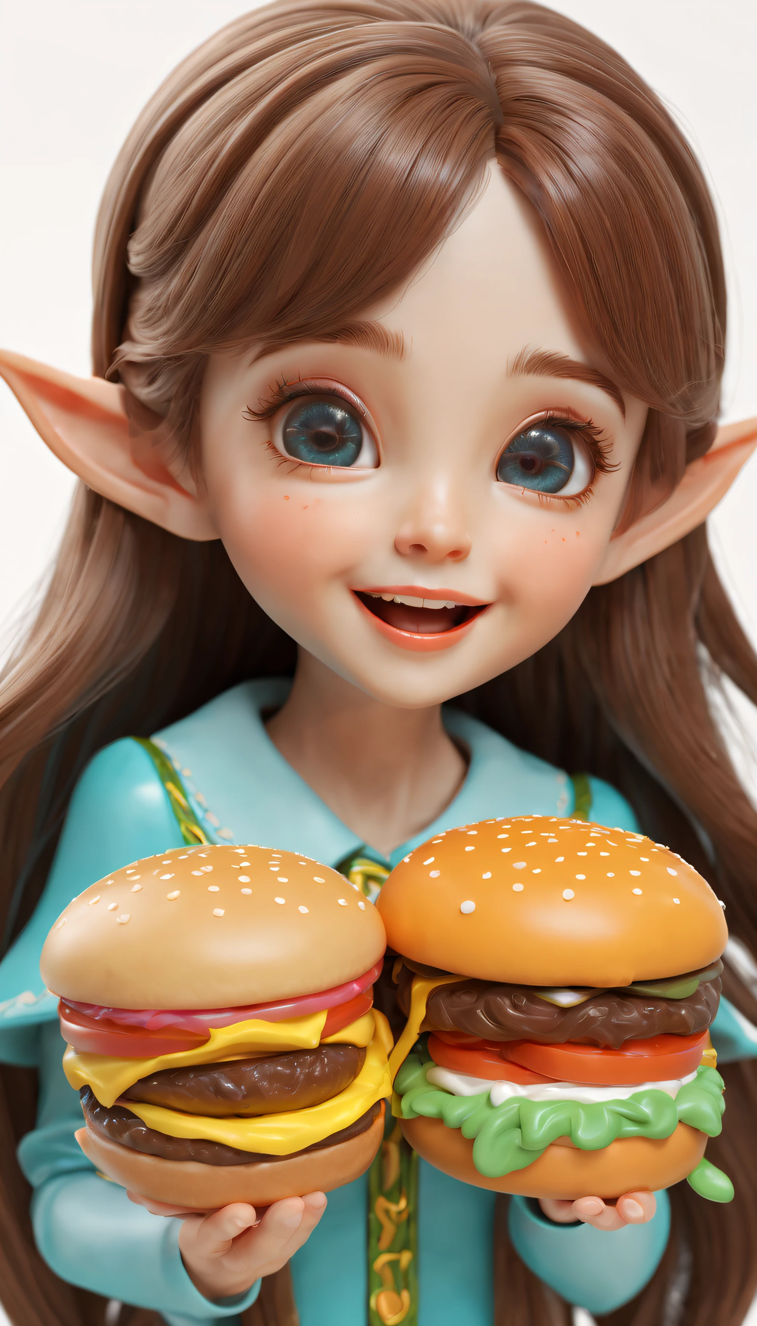 Beautiful 3D long hair for cute young girl,Vivid colors,ears of elf,joyful expressions,Prepare to eat a cheeseburger,(Hamburger in the center of the picture),Delicious food,Close-up shot，PVC model, view the viewer, soft smooth lighting, soft and muted colors, 3d icon clay render, 120mm lens, 3d blender render, trending on polycount, modular constructivism