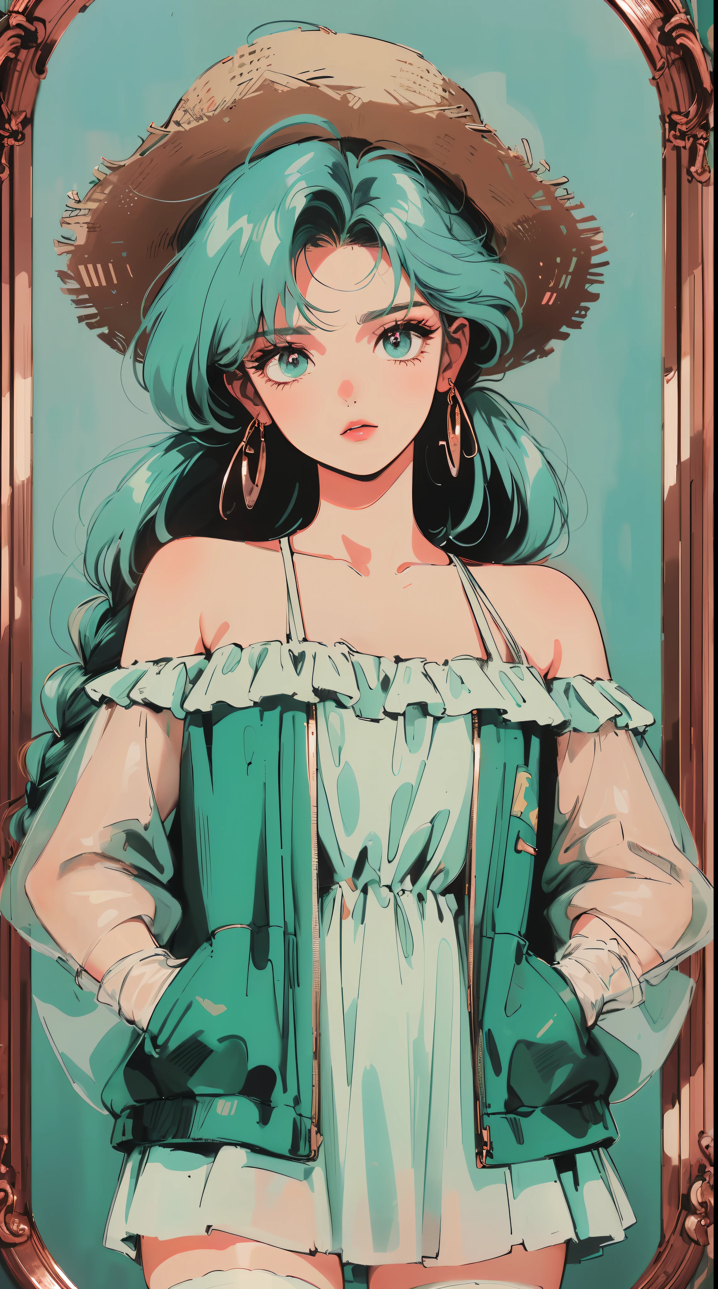 ((((Vaporwave style,90's anime style,1990s style,1970s anime，have the style of folk portraits，retro style posters,chicano inspired retro fashion，renaissance,  retro style inspiration retro, dusty,sandstone,sandstorm,sunflower, fresh and clean appearance，))))(masterpiece:1.2, best quality,top quality,epic quality,UHD), (detalhes intrincados),((Straw Hat,head tilts,hands in pockets,)) 1lady, solo,minimal makeup, tecidos naturais,innocent, cara travessa,((rich background,))  ((((In the background is a copper mirror,))))Mint green hair,{long hair|Clearly visible hair|natural curved|ahoge|braid twintails},claros, franja, franja na testa,incredibly_absurdres pupils,saia plissada, (((sagging breasts))), face madura, detailed face, ((ultra-detailed,  lovely)), (geometric:1.2),)),  ((bare shoulders,frills,see-through sleeves past wrists,formal dress, baggy dress,thigh ribbon,stockings,))ray tracing,god lighting,god ray)),((extremely_Detailed_Eyes_and_face)),(Beautiful and aesthetic: 1.2),Brilliant,unbelievable Ridiculous quality,)),((extremely_Detailed_Eyes_and_face)),(Beautiful and aesthetic: 1.2),Brilliant，Ultra-precise depiction, Ultra-detailed depiction,Bokeh (85mm Shot)，(((Delicate fingers and hands:0.55))::0.85))),(Detailed fingers),