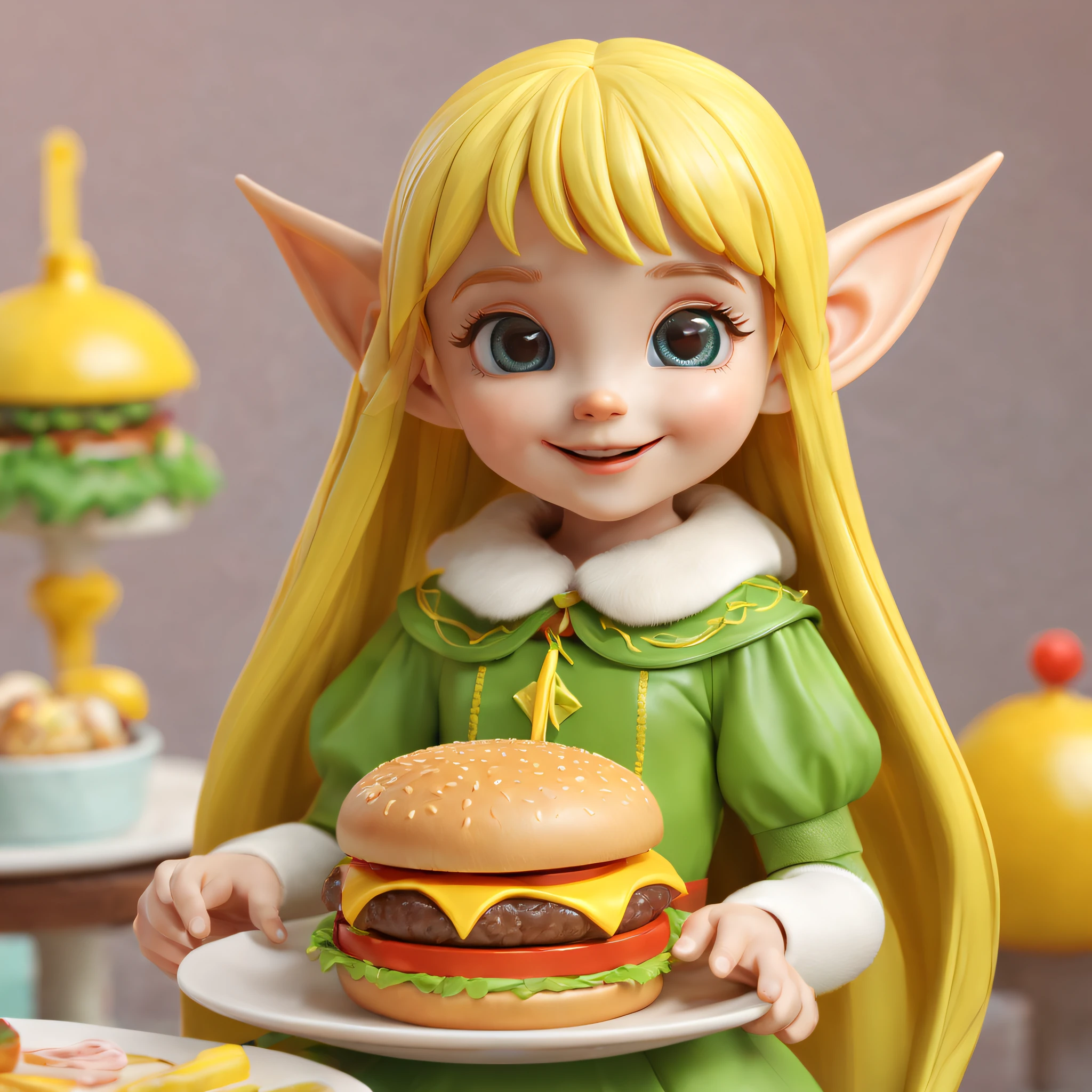 Beautiful 3D long hair for cute young girl,Vivid colors,ears of elf,joyful expressions,Prepare to eat a cheeseburger,(Hamburger in the center of the picture),Delicious food,Close-up shot，PVC model, view the viewer, soft smooth lighting, soft and muted colors, 3d icon clay render, 120mm lens, 3d blender render, trending on polycount, modular constructivism