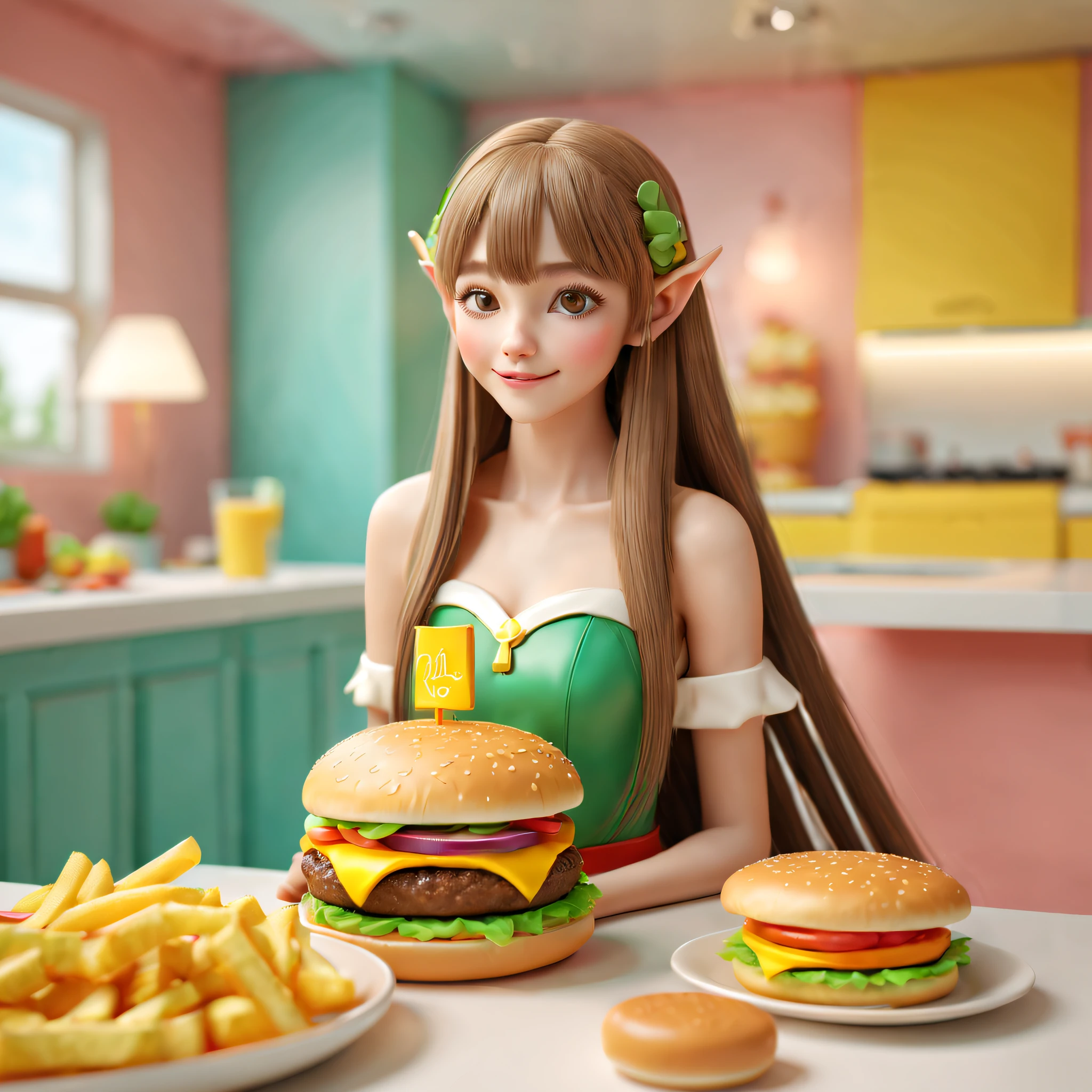 dreamy background,Beautiful 3D long hair for cute young girl,Vivid colors,ears of elf,joyful expressions,Prepare to eat a cheeseburger,(Hamburger in the center of the picture),Delicious food,Close-up shot,PVC model, view the viewer, soft smooth lighting, soft and muted colors, 3d icon clay render, 120mm lens, 3d blender render, trending on polycount, modular constructivism。(Best quality,4K,8K,A high resolution,Masterpiece:1.2),Ultra-detailed,(Realistic,Photorealistic,photo-realistic:1.37),