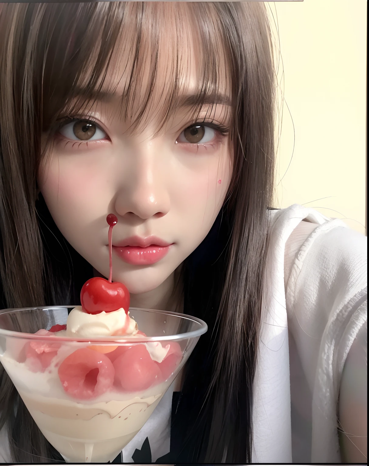 There's a woman holding a cup of ice cream with a cherry on top, Ulzzang, Lalisa Manobal, Lalisa Manoban do Blackpink, Jinyoung Canela, inspirado em Ma Yuanyu, wan adorable korean face, Mukbang, fofo, Dom Yunjoo, Shikami, Jaeyeon Nam, foto de perfil, chan sakimi