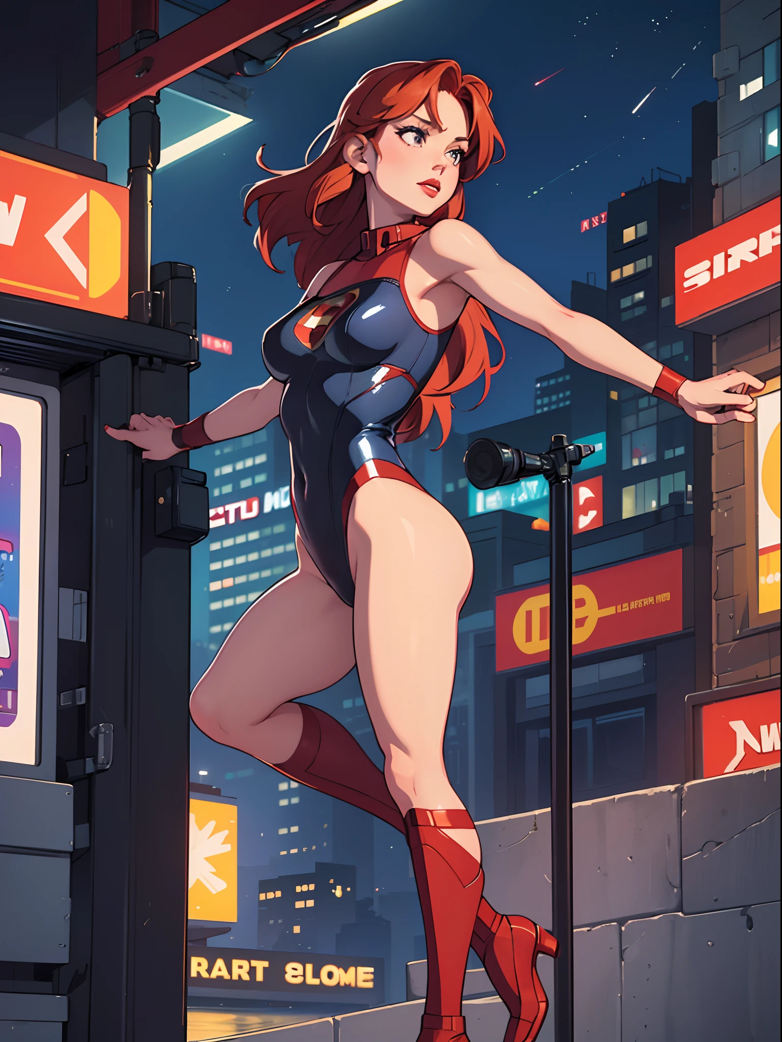 Solo, (leotard, bare legs, superhero, Policewoman), redhead, Stockings, City Lights, (Looking at the audience: 1.3), Lips Apart, Red Lips, Shiny Skin, Skin Dents, Best Quality, Ultra High Resolution, (Realism: 1.4),