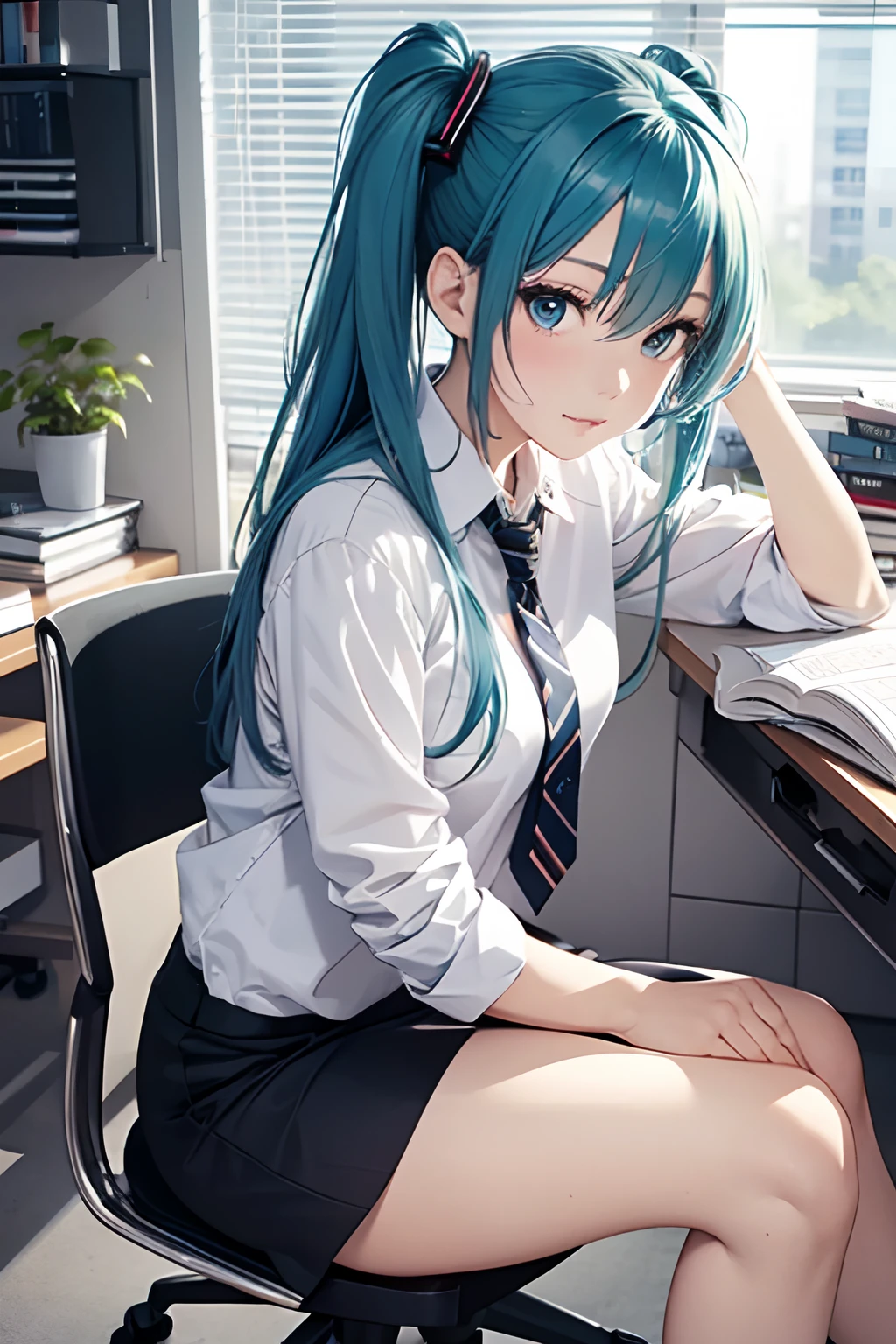 Also put your hand in between、( Silly / Sexual ecstasy)、Sit on a chair, cross one's legs、eye glass、top-quality, Photorealistic, An ultra-fine illustrations, beautiful attractive anime girl, miku hatsune, Slender body, Tied hair, one girls, a photo of girl, Full body shot, Beautiful blue eyes, Turned, in a office、Sitting at your desk、Women's Suits、