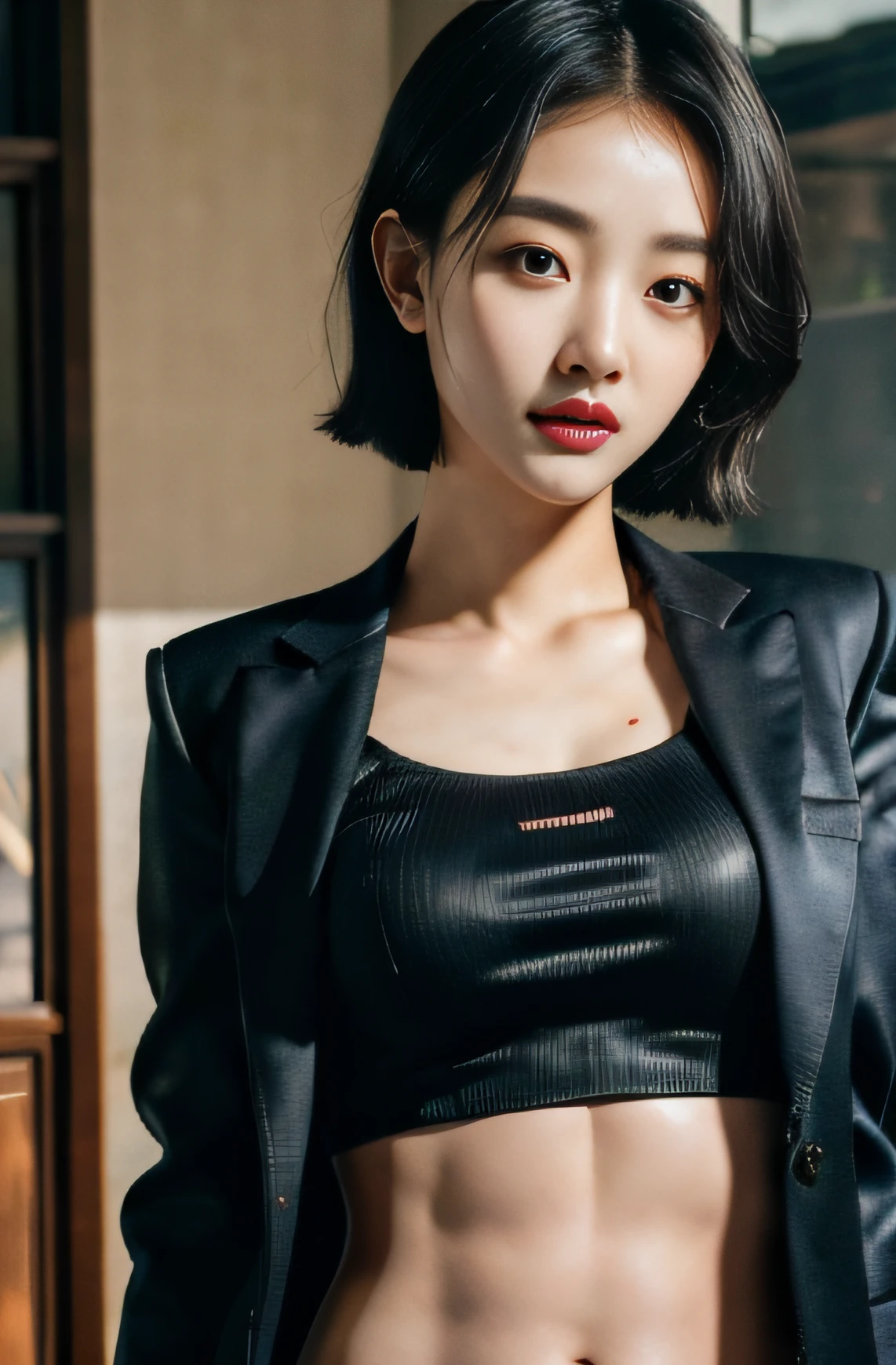 (Forehead, Cropped jacket, Abs, Midriff, scowling, Short hair, Black hair, eye line:1.3), (masutepiece, Best Quality, beautiful quality), (Photorealistic:1.4), (Detailed Lighting, highlydetailed skin, very detail hair, shadowy, 8K, Tea Cho Photos, 1girll:1.2), view the viewer, (high key lighting), masutepiece, of the highest quality, Best Quality, offcial art, Wallpapers by Unity 8K, hight resolution, 超A high resolution, Ultra-detailed, Beautiful and aesthetic，Pained look，darkened room、Navel Ejection、Emphasis on bust