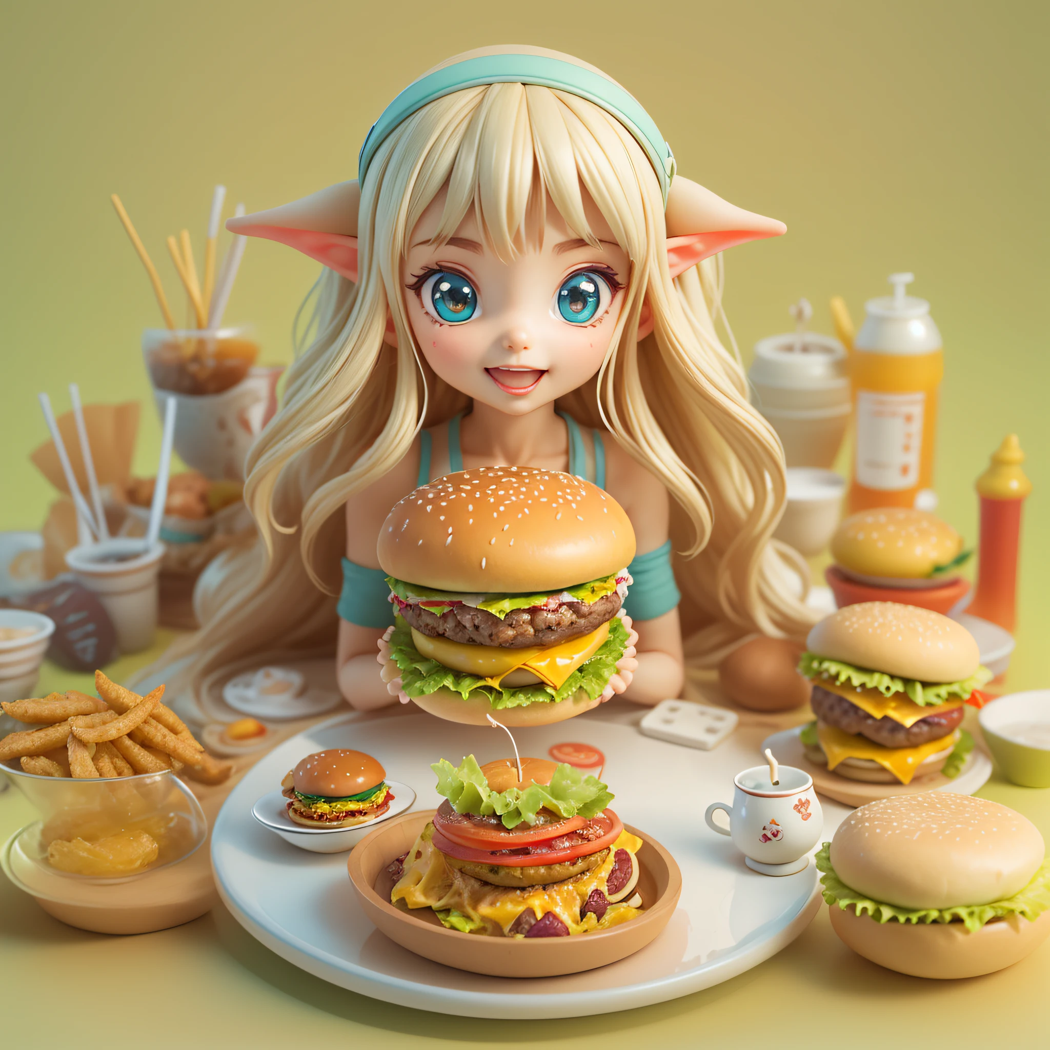 dreamy background,Beautiful 3D long hair for cute young girl,Vivid colors,ears of elf,joyful expressions,Prepare to eat a cheeseburger,(Hamburger in the center of the picture),Delicious food,Close-up shot，PVC model, view the viewer, soft smooth lighting, soft and muted colors, 3d icon clay render, 120mm lens, 3d blender render, trending on polycount, modular constructivism。(Best quality,4K,8K,A high resolution,Masterpiece:1.2),Ultra-detailed,(Realistic,Photorealistic,photo-realistic:1.37),
