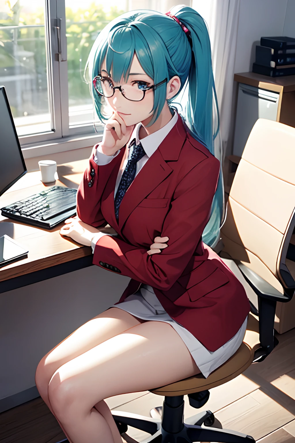 Also put your hand in between、( Silly / Sexual ecstasy)、Sit on a chair, cross one's legs、eye glass、top-quality, Photorealistic, An ultra-fine illustrations, beautiful attractive anime girl, miku hatsune, Slender body, Tied hair, one girls, a photo of girl, Full body shot, Beautiful blue eyes, Turned, in a office、Sitting at your desk、Women's Suits、