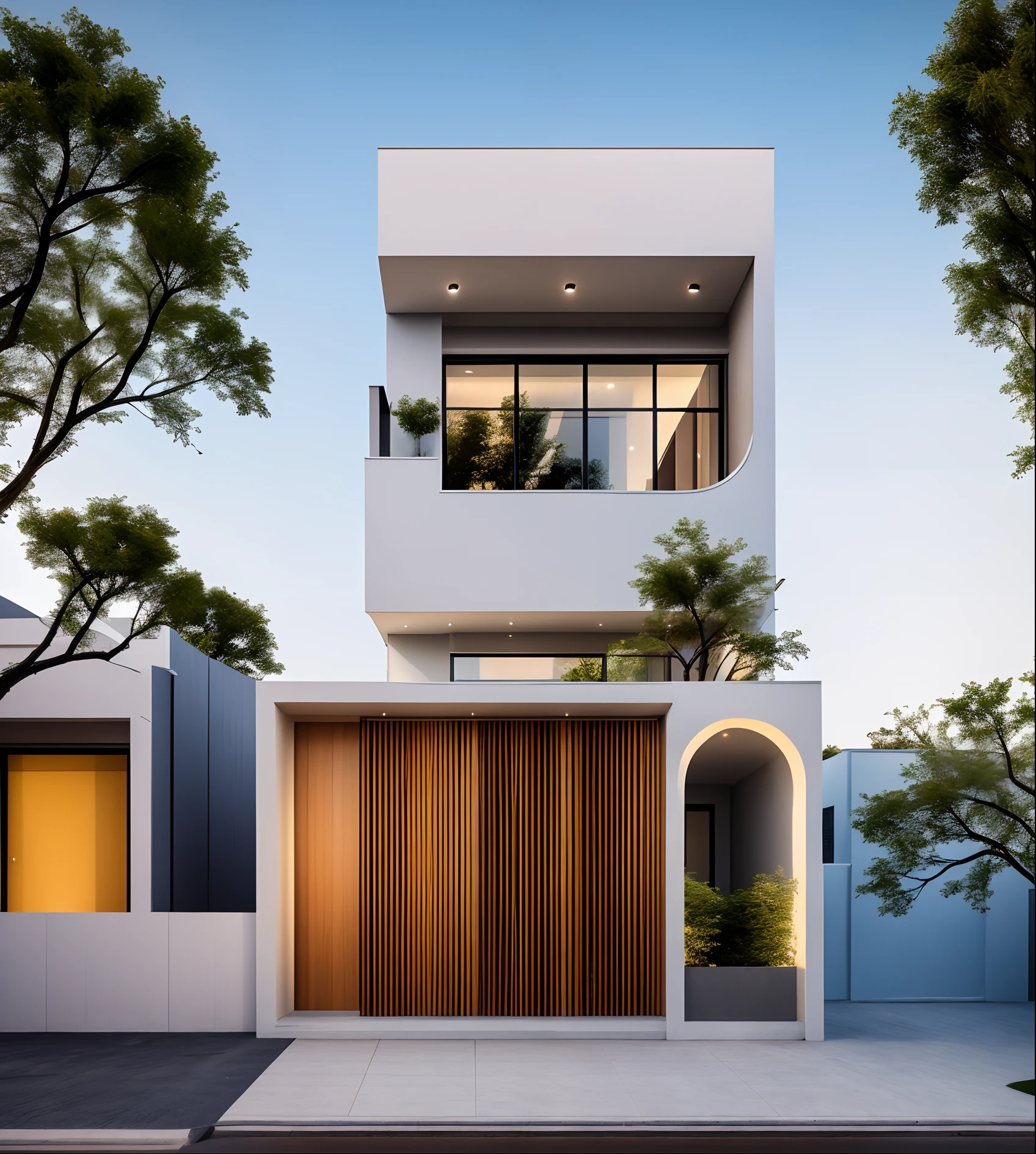 Perspective of a modern house with a large enough front yard, main materials are light yellow walls, stone and wood, a road running in front of the house, (RAW photo, real, best quality, masterpiece: 1.2), current view modern minimalist, 1 street in front of house, shime ring light, indoor brightness:1.2, dynamic lighting:1.3, (hyper-realistic, photo-realistic:1.2), high quality, daylight, contrast high:0.5 perfect light, Archdaily, contemporary masterpiece award, award winning contemporary, beautifully designed masterpiece, spacious modern mansion, modern neo-traditional, wide angle exterior 2022 , mid-century modern, contemporary home, stylish modern feel, long front view, award-winning modern design, stunning lines, residential, exquisite details, indoors gently:1.3