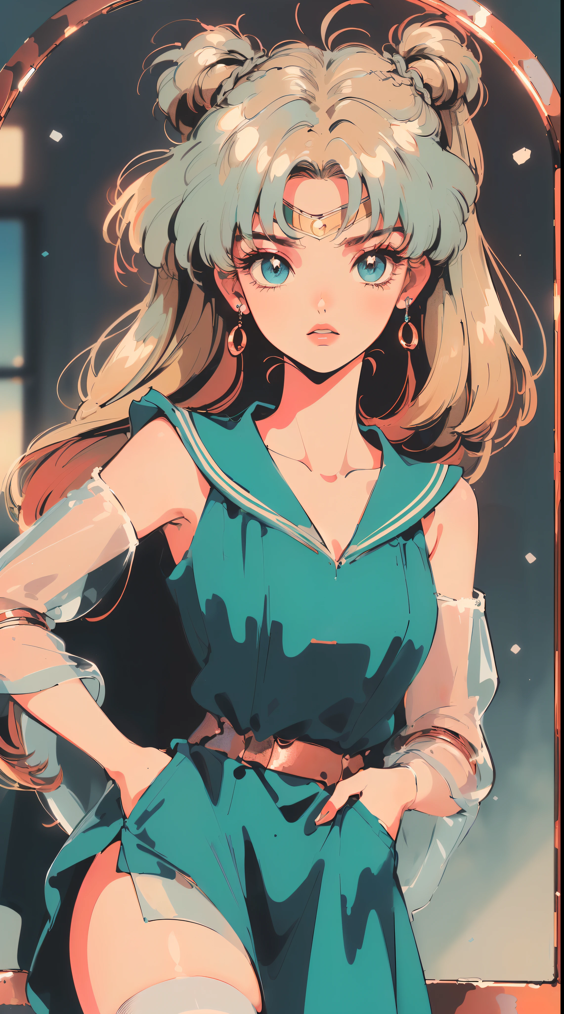 ((((blond haired girl with blue eyes and a red top, sailor moon!!!!!!!!, sailor moon style, retro anime girl , sailor moon aesthetic, anime goddess, anime vintage colors, in the art style of 8 0 s anime,Vaporwave style,90's anime style,have the style of folk portraits,retro style posters,chicano inspired retro fashion,renaissance, retro style inspiration retro,light reflected,snowy,ice cubes,iceland,sunflower, fresh and clean appearance,))))(masterpiece:1.2, best quality,top quality,epic quality,UHD), (detalhes intrincados),((Straw Hat,head tilts,hands in pockets,)) 1lady, solo,minimal makeup, tecidos naturais,mature, cara travessa,((rich background,)) ((((In the background is a copper mirror with shadow,))))Mint blue hair,{long hair|Clearly visible hair|natural curved|big ahoge|braid twintails},claros, franja, franja na testa,incredibly_absurdres pupils,saia plissada, (((sagging breasts))), face madura, detailed face, ((ultra-detailed, lovely)), (geometric:1.2),)), ((bare shoulders,frills,see-through sleeves,dark pink formal dress, baggy dress,thigh ribbon,stockings,))ray tracing,god lighting,god ray)),((extremely_Detailed_Eyes_and_face)),(Beautiful and aesthetic: 1.2),Brilliant,unbelievable Ridiculous quality,)),((extremely_Detailed_Eyes_and_face)),(Beautiful and aesthetic: 1.2),Brilliant,Ultra-precise depiction, Ultra-detailed depiction,Bokeh (85mm Shot),