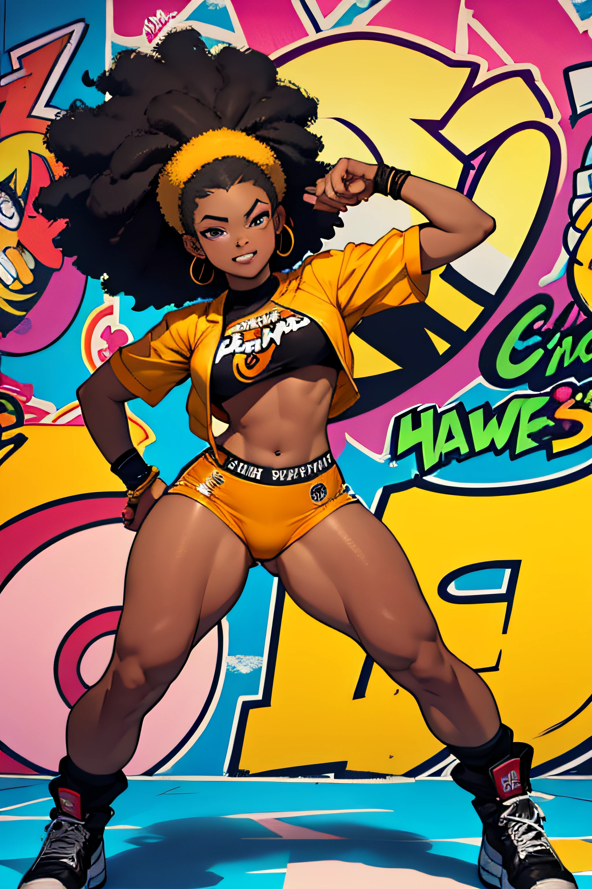 (extremely detailed CG unity 4k wallpaper),(masterpiece),(best quality),(ultra-detailed),(best illustration),(best shadow),(absurdres),(detailed background) femboy, cute, taking a selfie, soft body, brown eyes, black skin, African-american, long curly black hair, Daisy dukes, supreme blouse, Jordan sneakers, thick thighs, big ass, flat chest, bulge, black eyeliner, gold color lipstick, Smile, New york City brooklyn background, sitting on a bench, wall with graffiti in the background