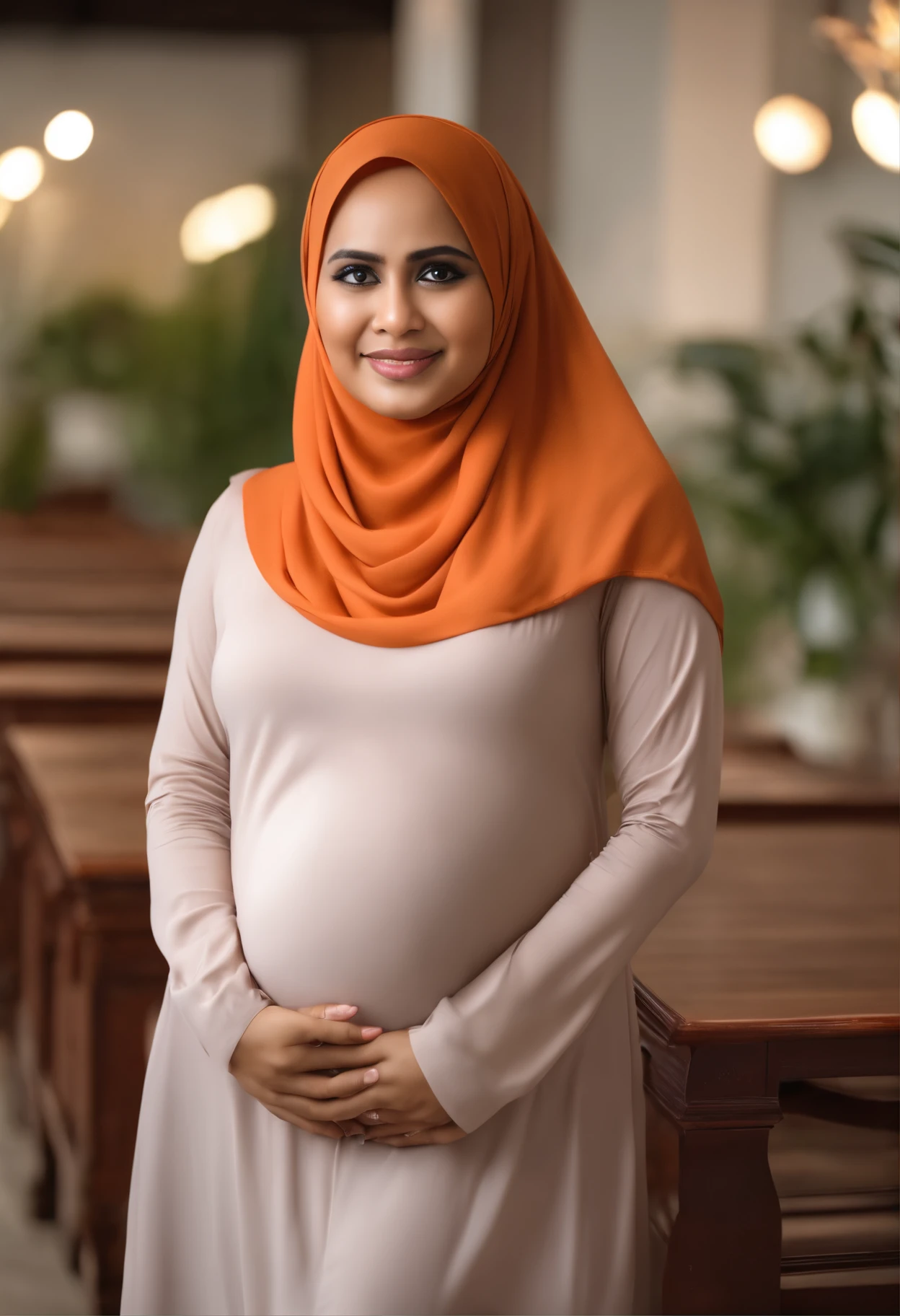 Realistic malay teacher pregnant with hijab whole body with big belly and boobs