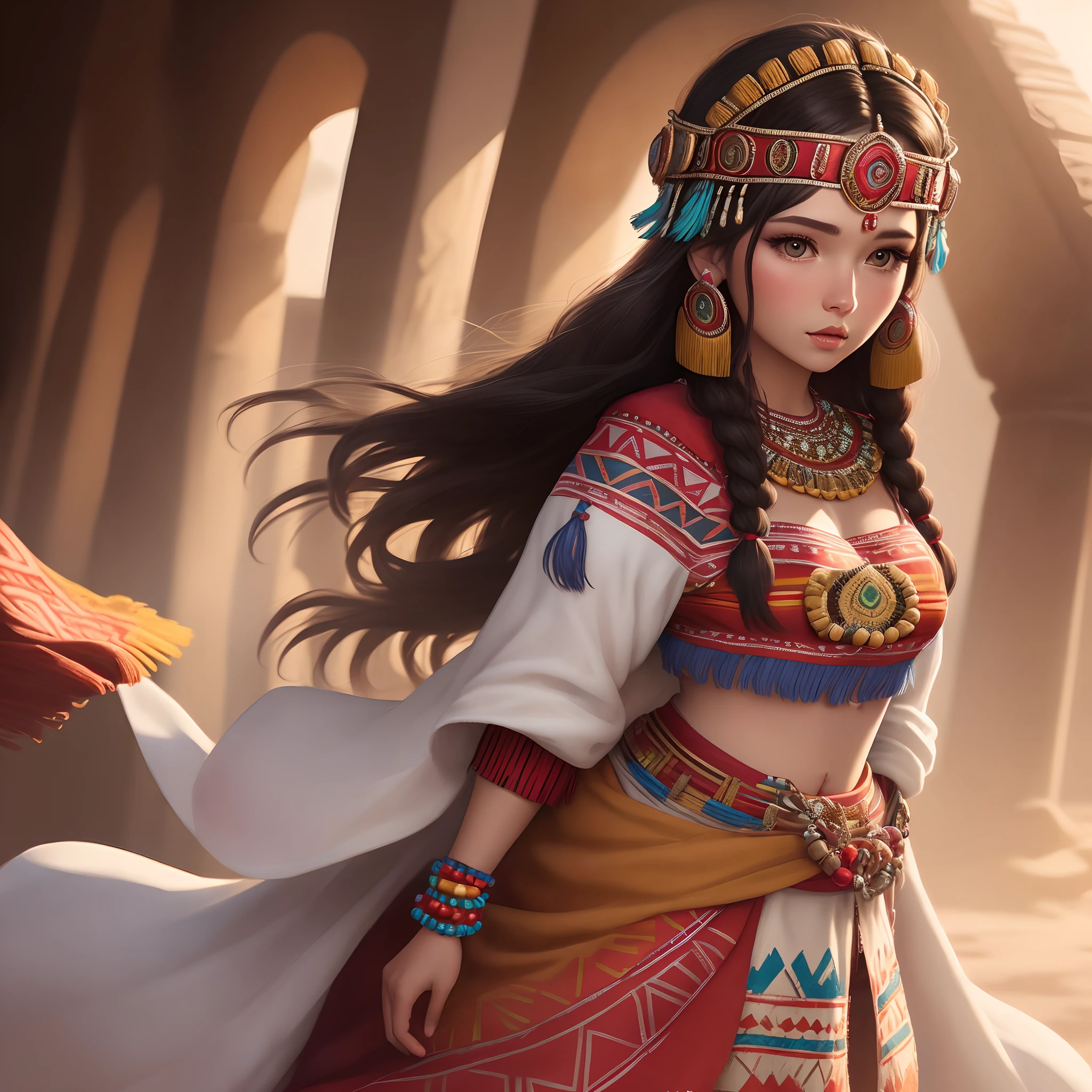Young traditional dancer of the Arab nation, Details and sharp focus on her face, Hyper-detailing, A high resolution, Portrait of William Hainretz, aquarelle, Wet and splash technology, Centered, Perfectcomposition, abstraction, surrealism, trending on artstationh, Sharp focus, studio photo, Intricate details, Highly detailed, by Greg Rutkowski