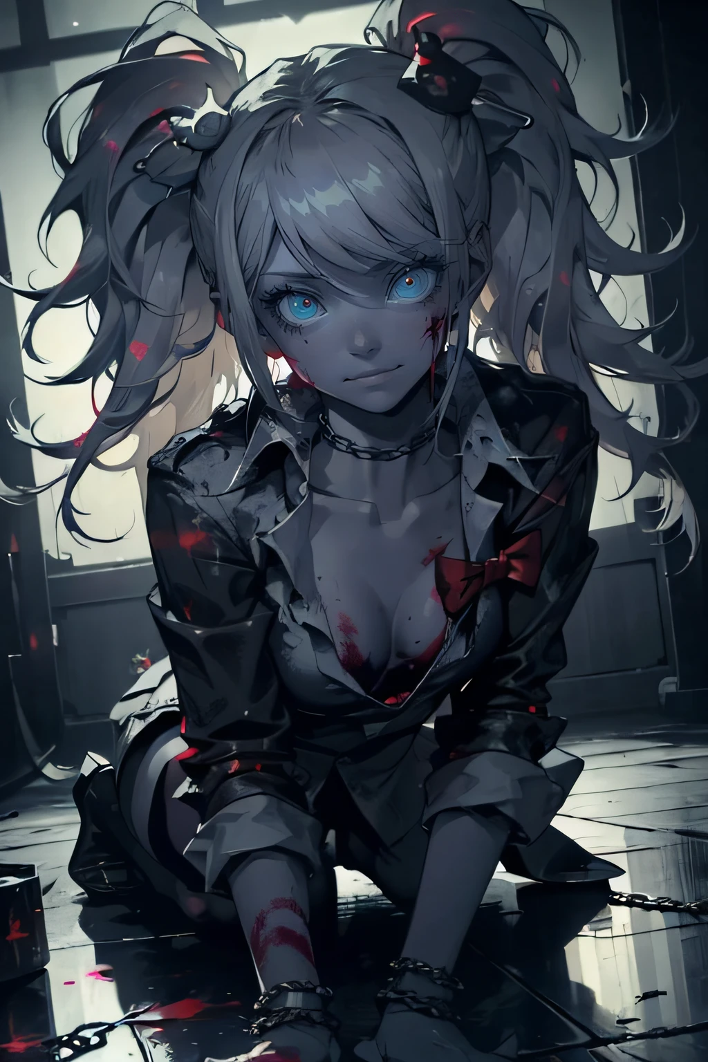 masterpiece, best quality, 1 girl, supine, lying face down on the floor, pale skin, messy hair, red eyes, glowing eyes, creepy, creepy smile, crazy expression, blood on face, blood on clothes, naked, creepy, scary, blood, horror, light particles, night, iron bracelets with chains