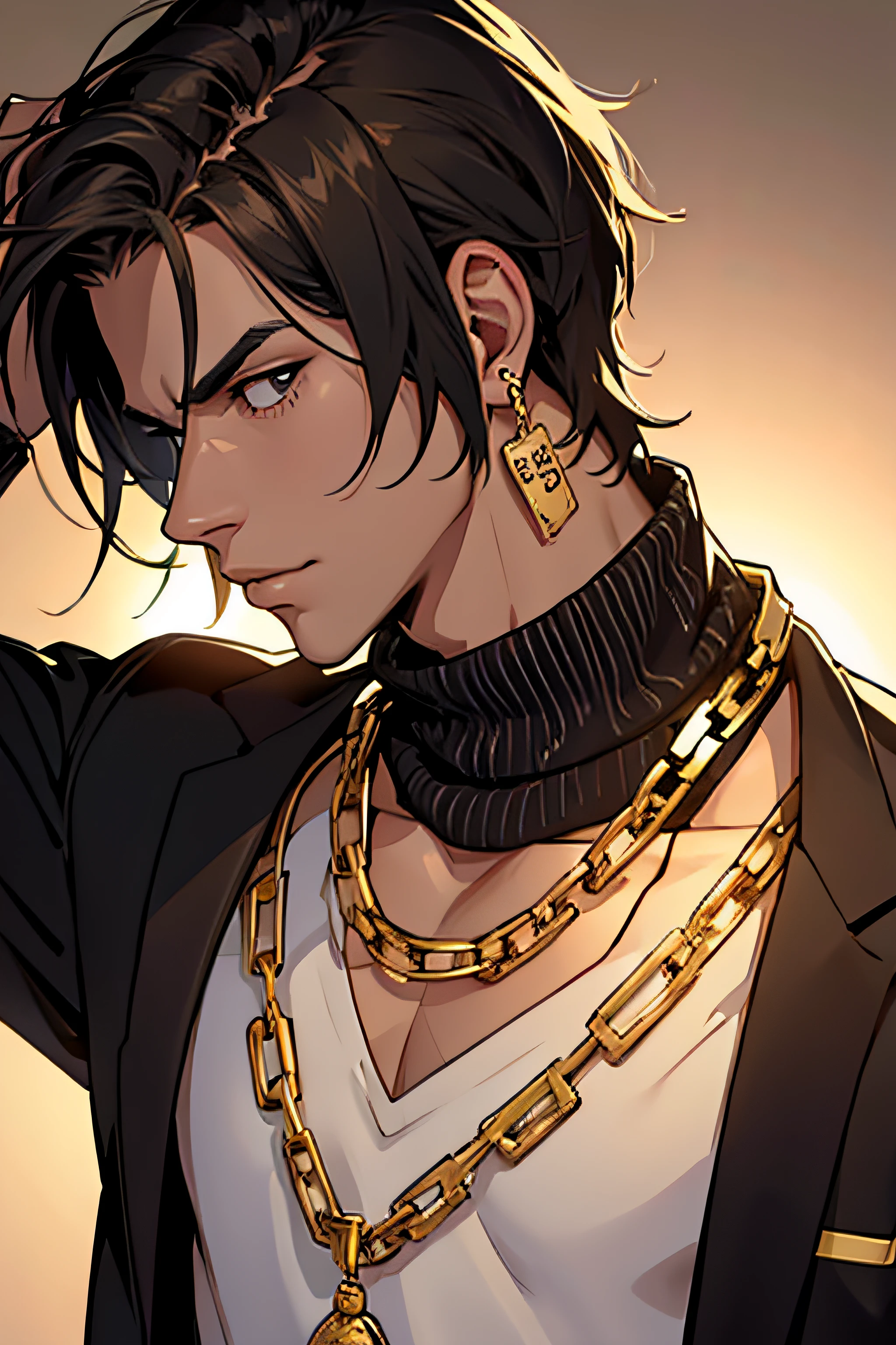 ((masterpiece, best quality)),(complex lighting) ,solo,(((1guy))), ((Black skin)), emo rapper, Slightly notorious criminal, mischievous toothy grin with several gold teeth, ((light skinned)), freckled face, undercut with long bangs, dark red hair, tattoos, distinctive intricate tattoo on left side of his face, shirtless heavily tattooed, gun tattoo on stomach, gold chains, diamond necklace and diamond earrings, baggy pants, performing on stage, (((8k)))