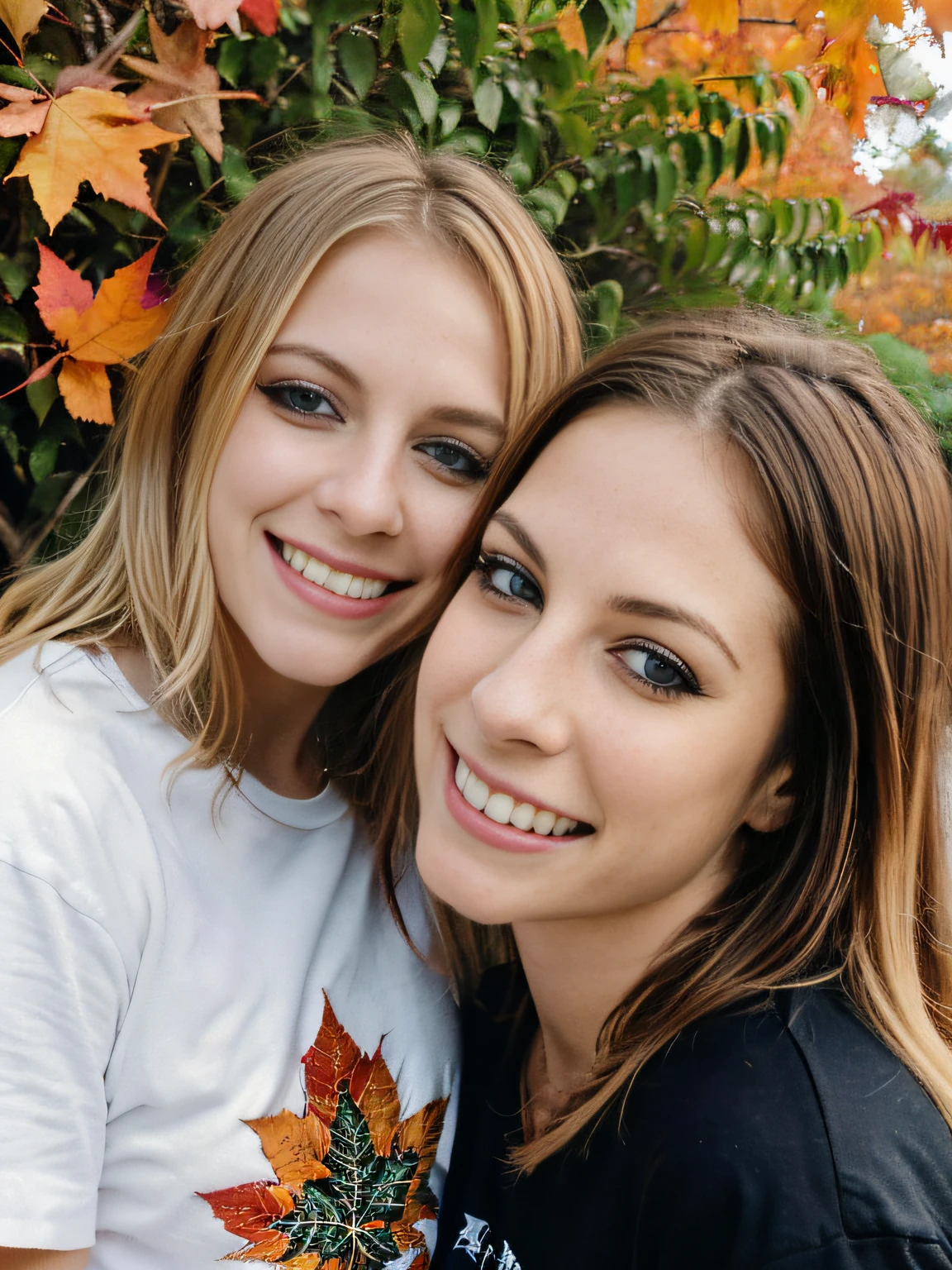 On a picturesque sidewalk, lined with majestic trees adorned in fiery autumn leaves, two friends stood side by side. Dressed in simple shirts, long pants. their smiles radiating warmth and happiness. With laughter in their eyes, they leaned close together, capturing a playful selfie against the backdrop of nature's kaleidoscope of colors. The gentle breeze rustled their hair and the leaves around them as they immortalized their cherished friendship in a single snapshot, forever preserving the joy and warmth of that autumn afternoon. detailed background, avril lavigne, hayley williams, blue eyes