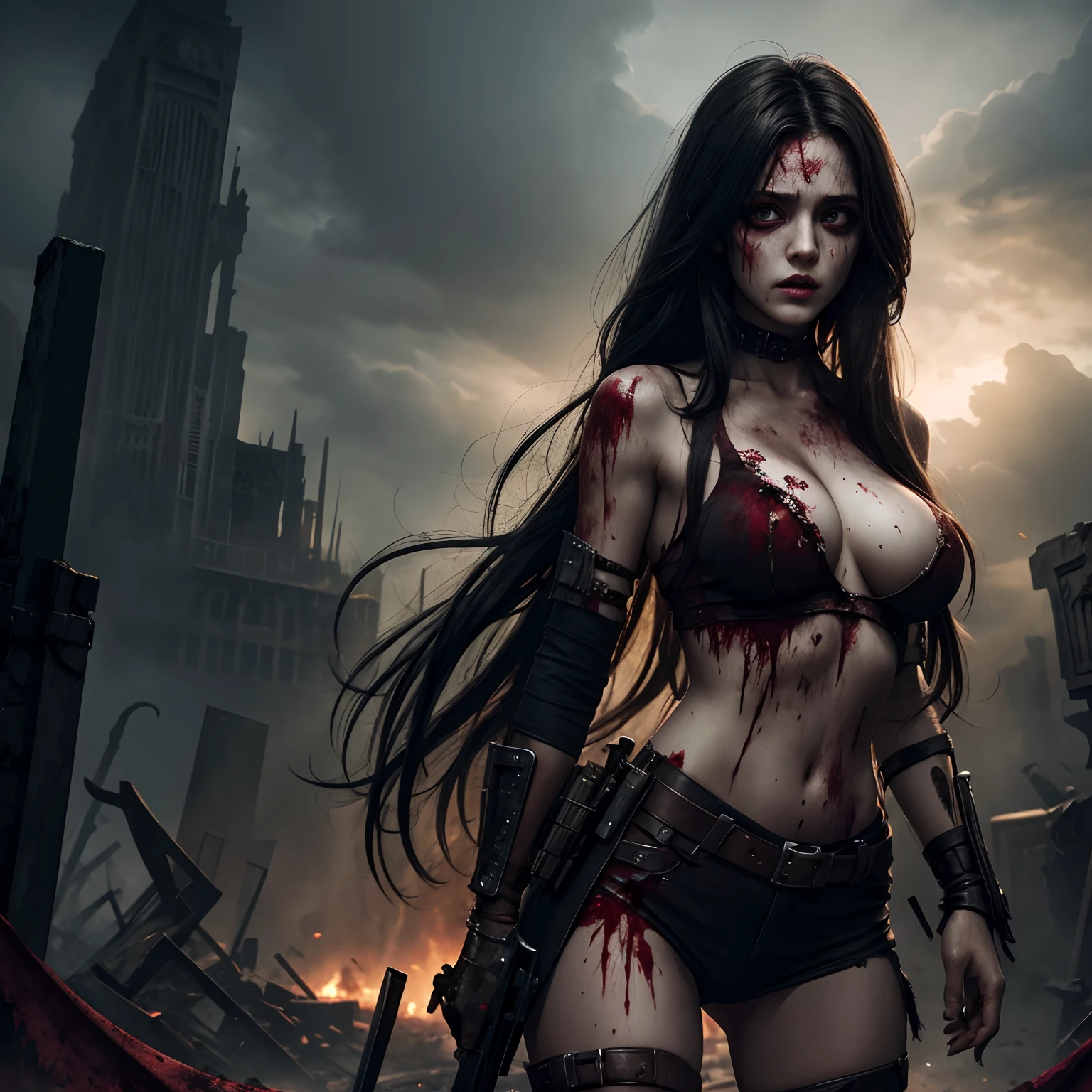 Apocalypticscape, (best quality:1.4), women, (undead), gorgeous body, (ultra-detail), extremely detailed wallpaper, highres,  perky breasts, ultra detail, long hair, (blood stain)