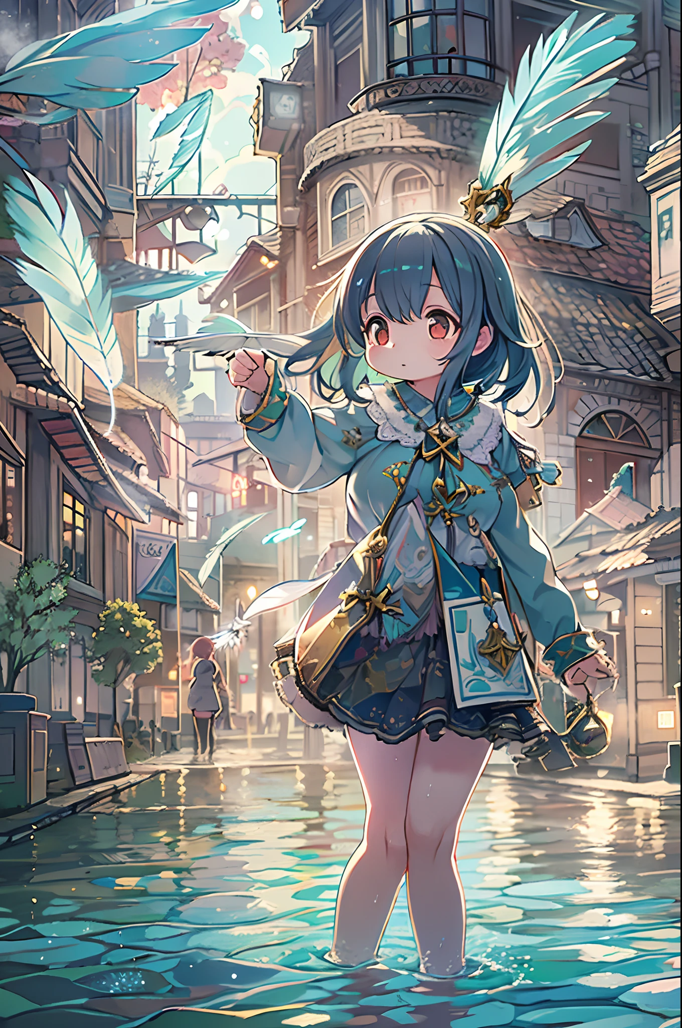 absurderes, hight resolution,, (1girl in, Solo), Big eyes,, townscape,, (Water Effects, Light Effects, fluttering feathers:1.2),bbw